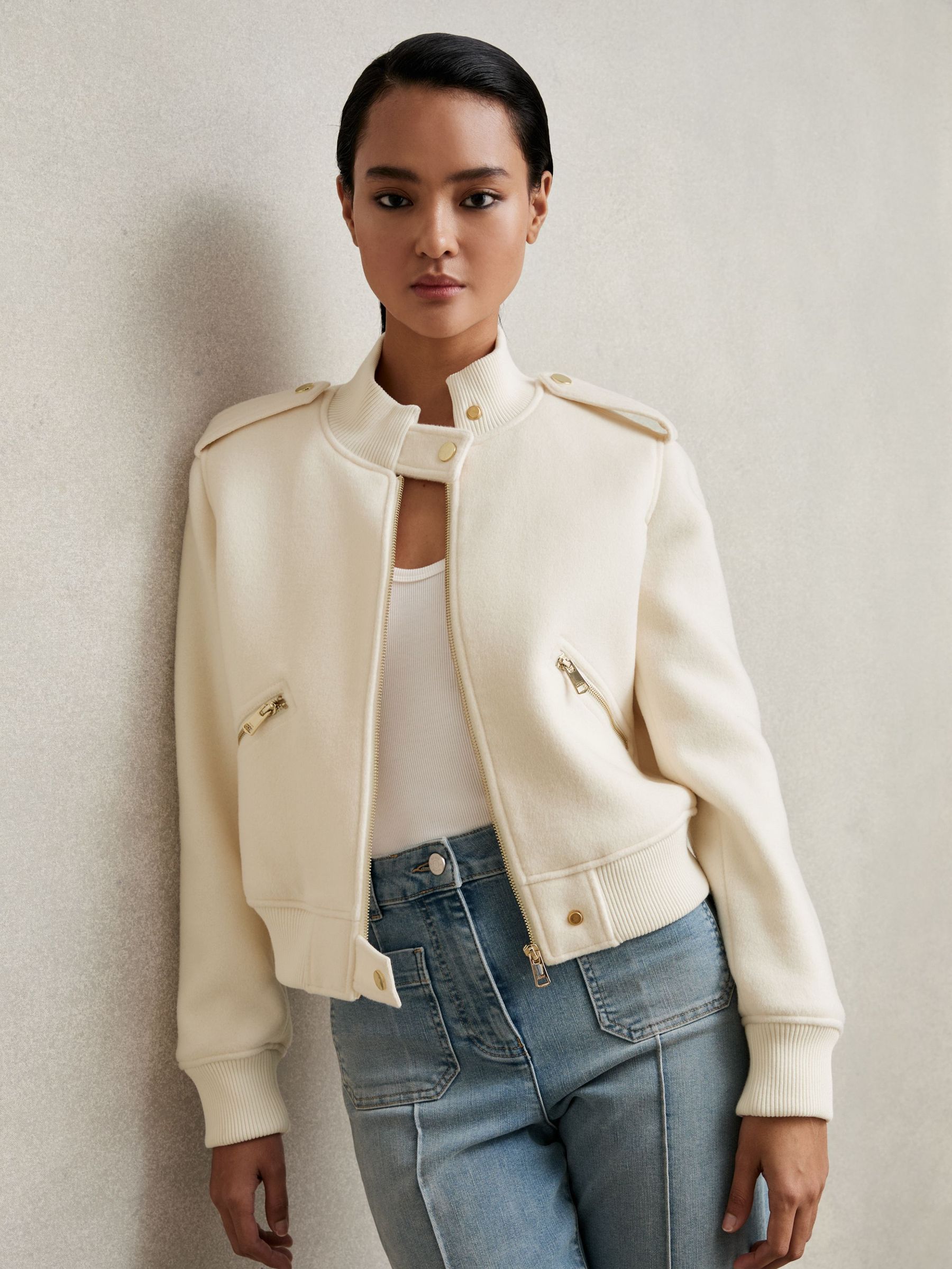 Brushed Wool Epaulette Bomber Jacket in Cream (H14424) | £280