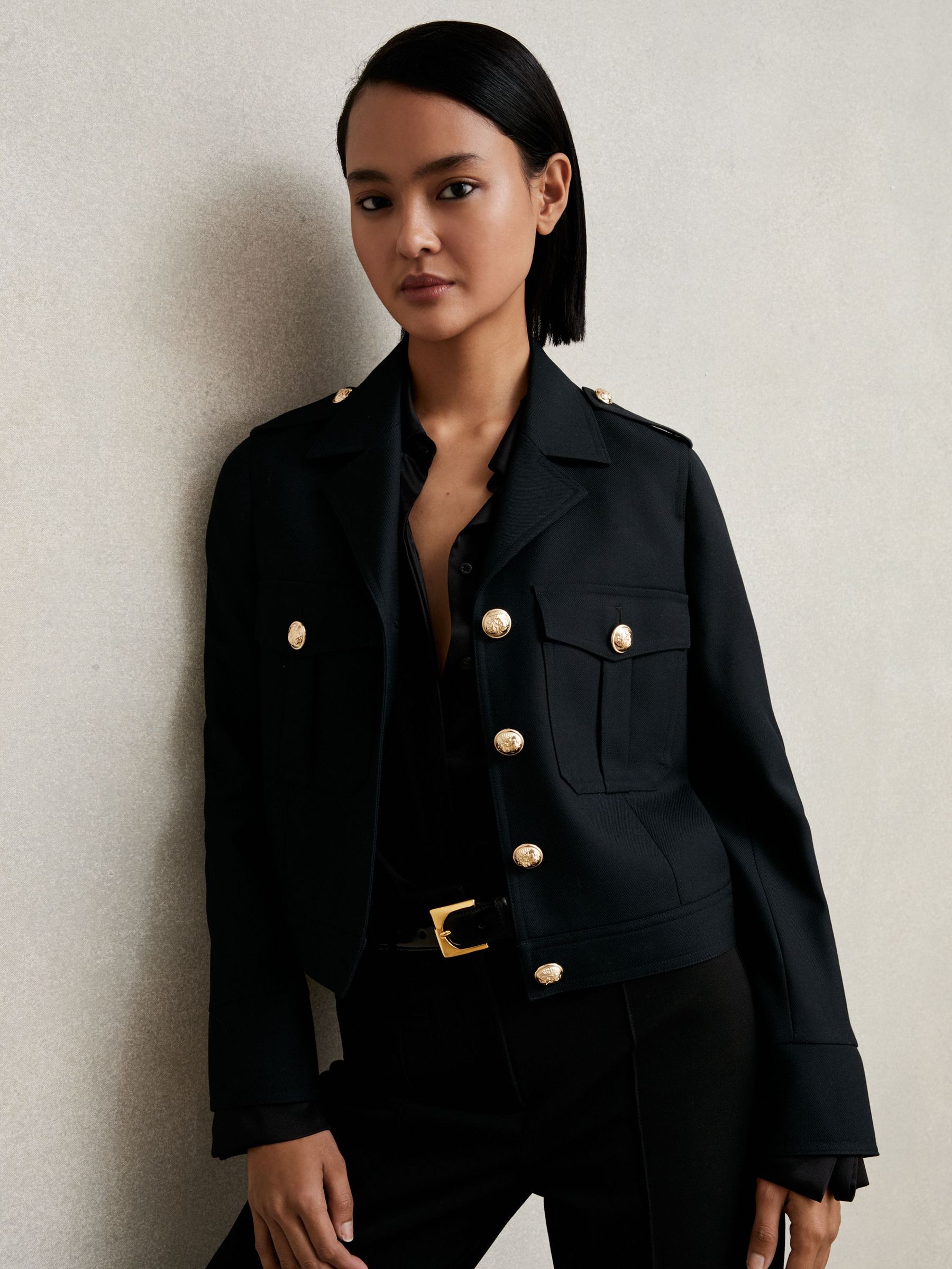 Wool Twin Pocket Cropped Jacket in Black (H14428) | £250