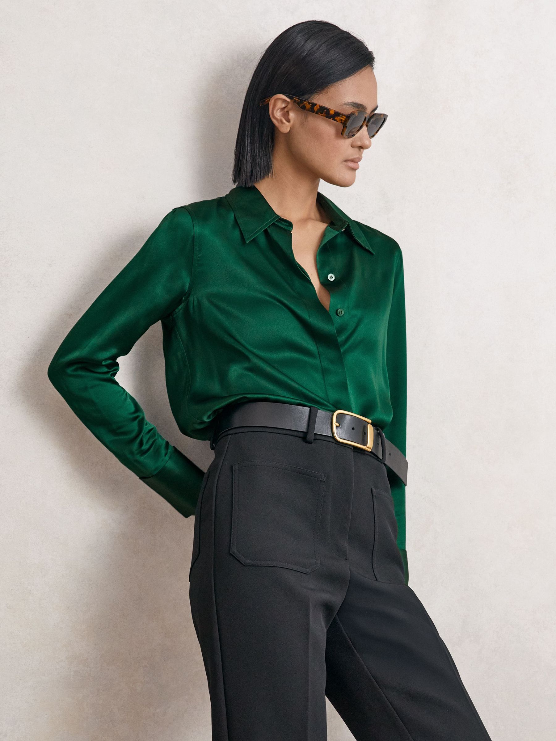 Silk-Satin Concealed-Placket Shirt in Green (H14443) | £198