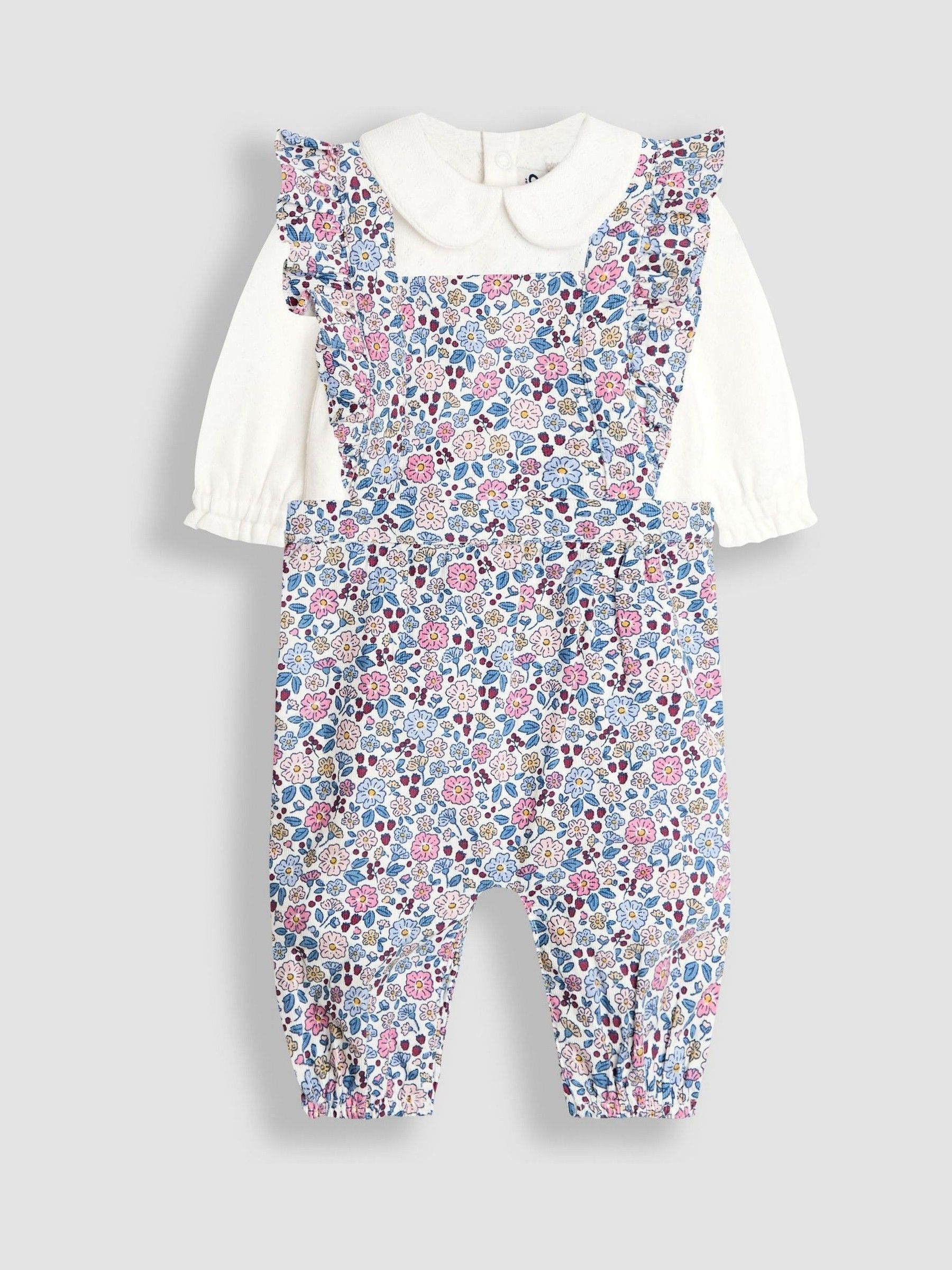 Pink Ditsy Floral Cord Frill Dungarees & Body Set (H14552) | £32 - £34