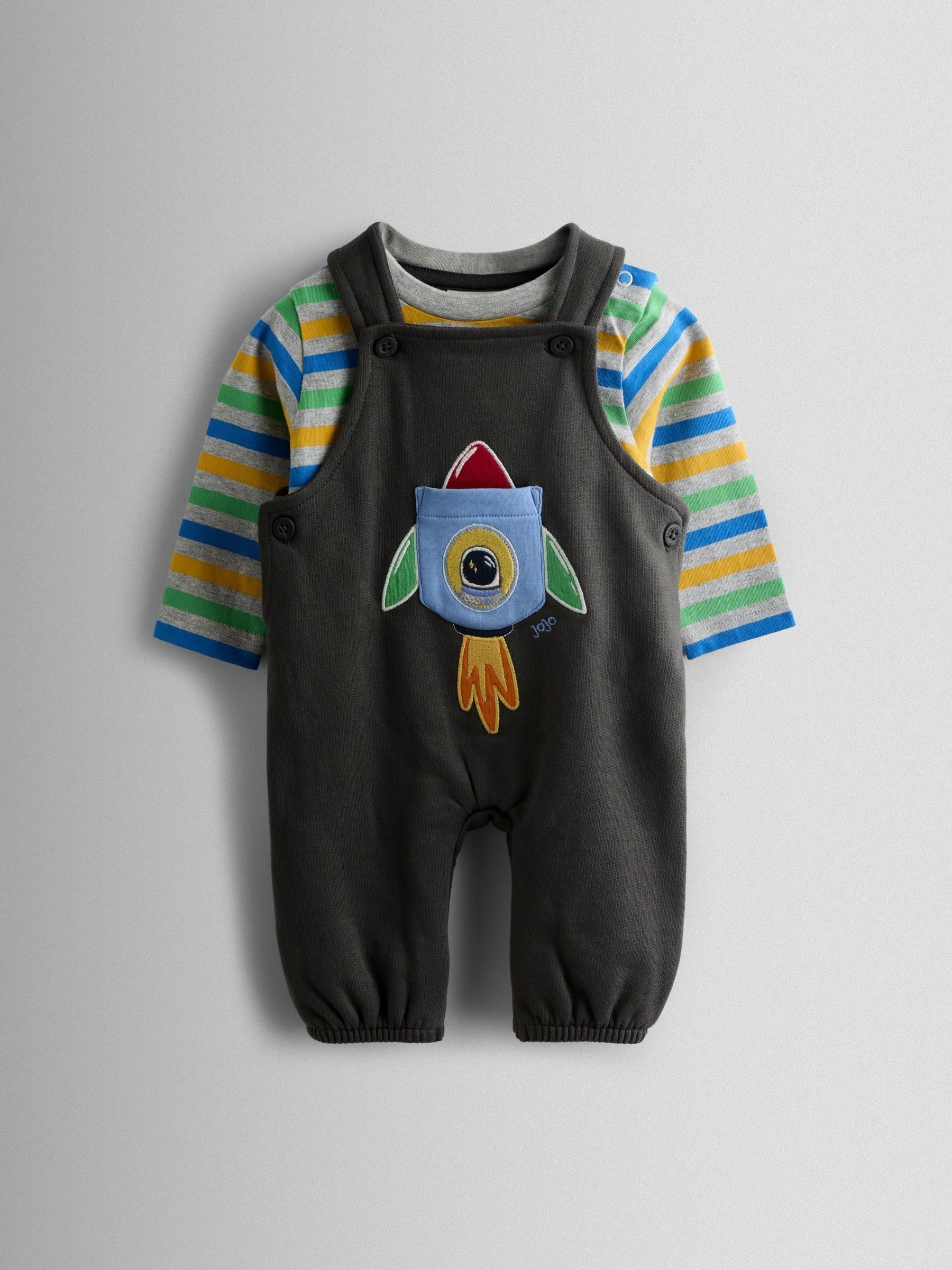Charcoal Grey Rocket 2-Piece Turn Up Dungarees & Top Set (H14571) | £28 - £29