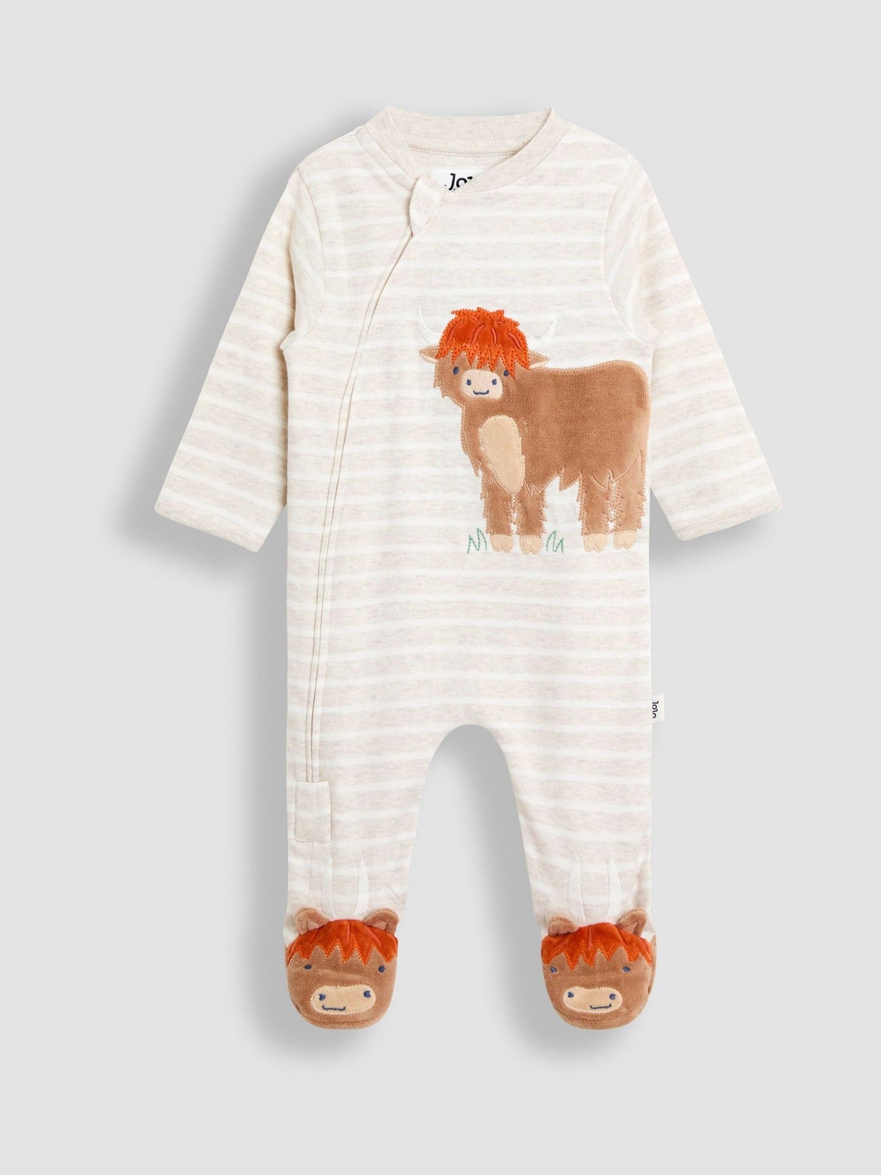 Natural Highland Cow Stripe Appliqué Zip Footed Sleepsuit (H14578) | £22