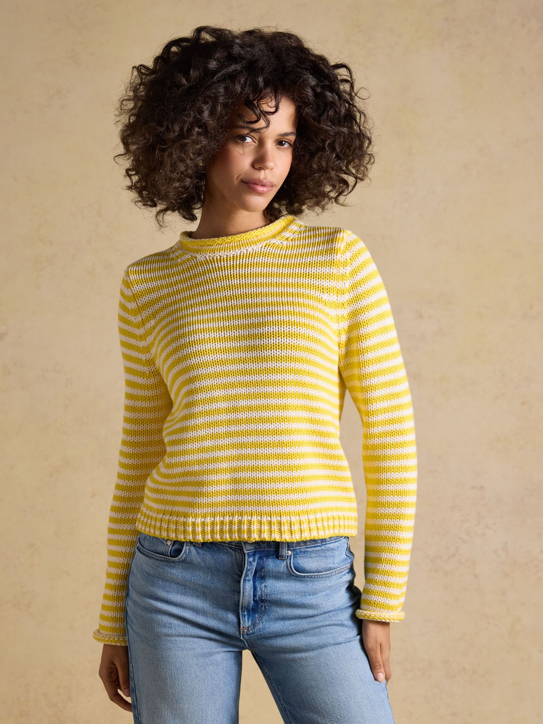 Yellow & White Striped Cotton Crew Neck Jumper