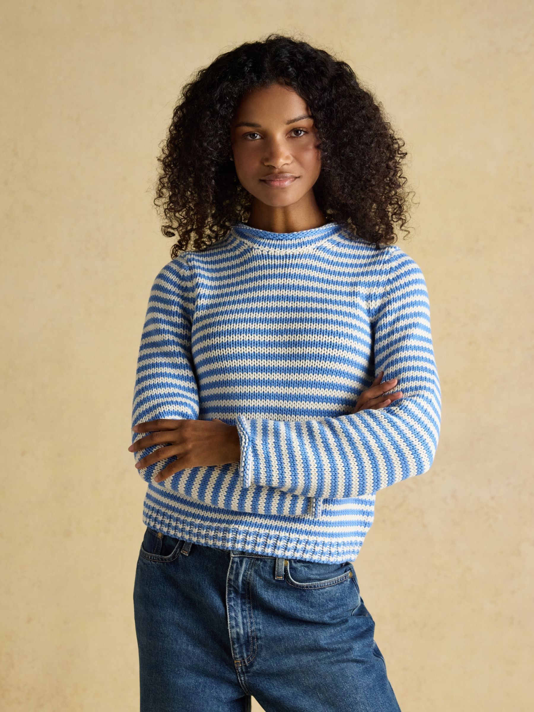 Blue & White Striped Cotton Knitted Crew Neck Jumper (H14696) | £62