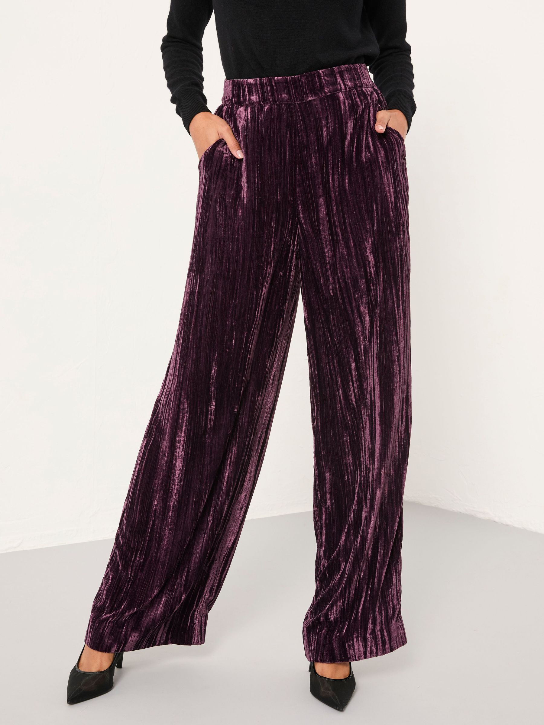 Hetty Burgundy Red Wide Leg Crinkle Velvet Trousers (H14758) | £59