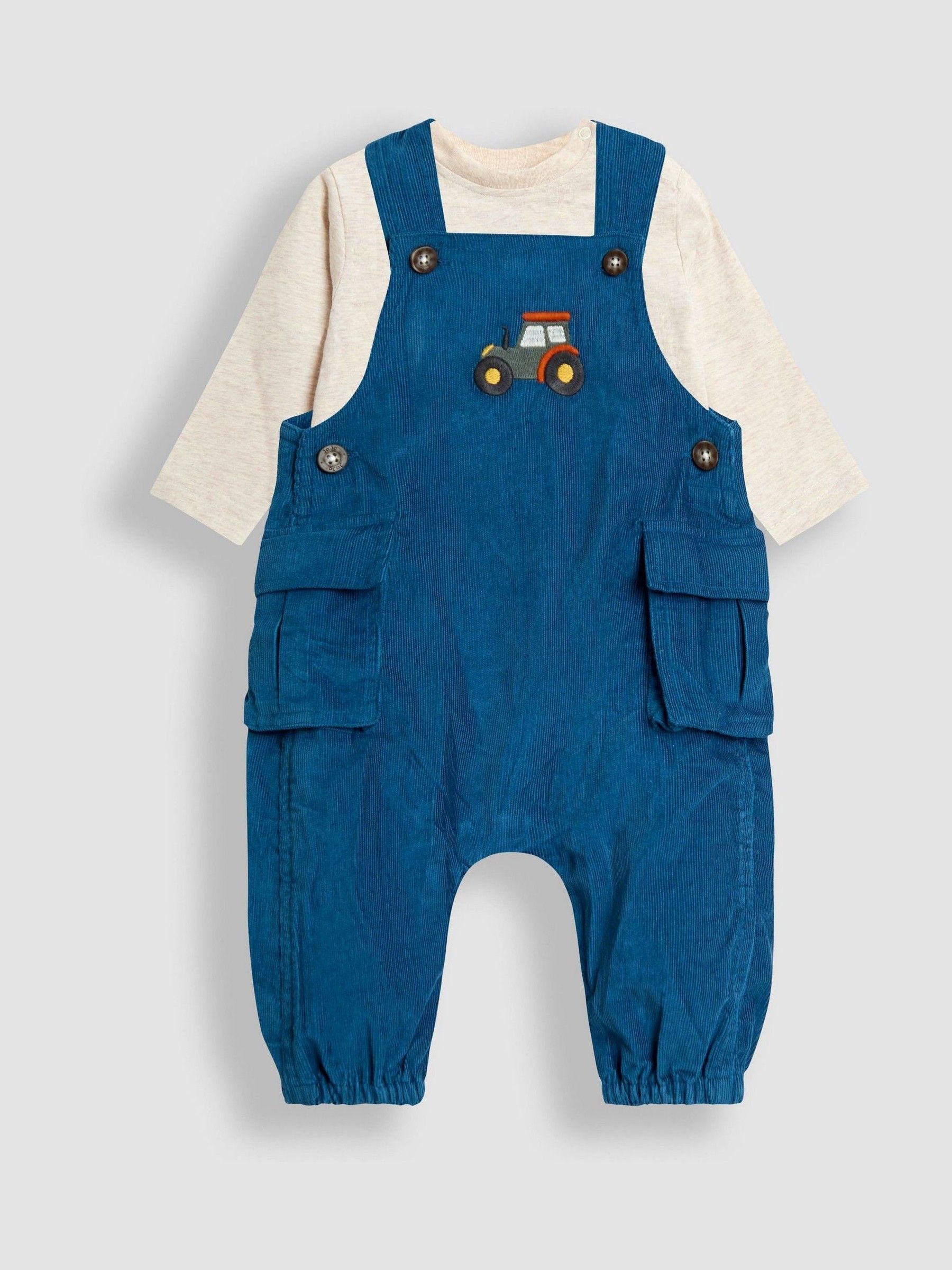 Teal Blue Tractor 2-Piece Embroidered Cargo Cord Dungarees & Top Set (H15181) | £32 - £34