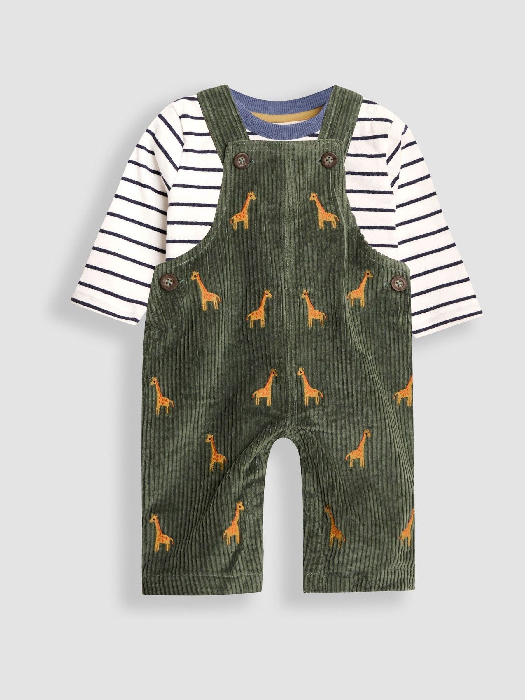 Khaki Green Giraffe 2-Piece Embroidered Cord Dungarees & Top Set (H15199) | £32 - £34