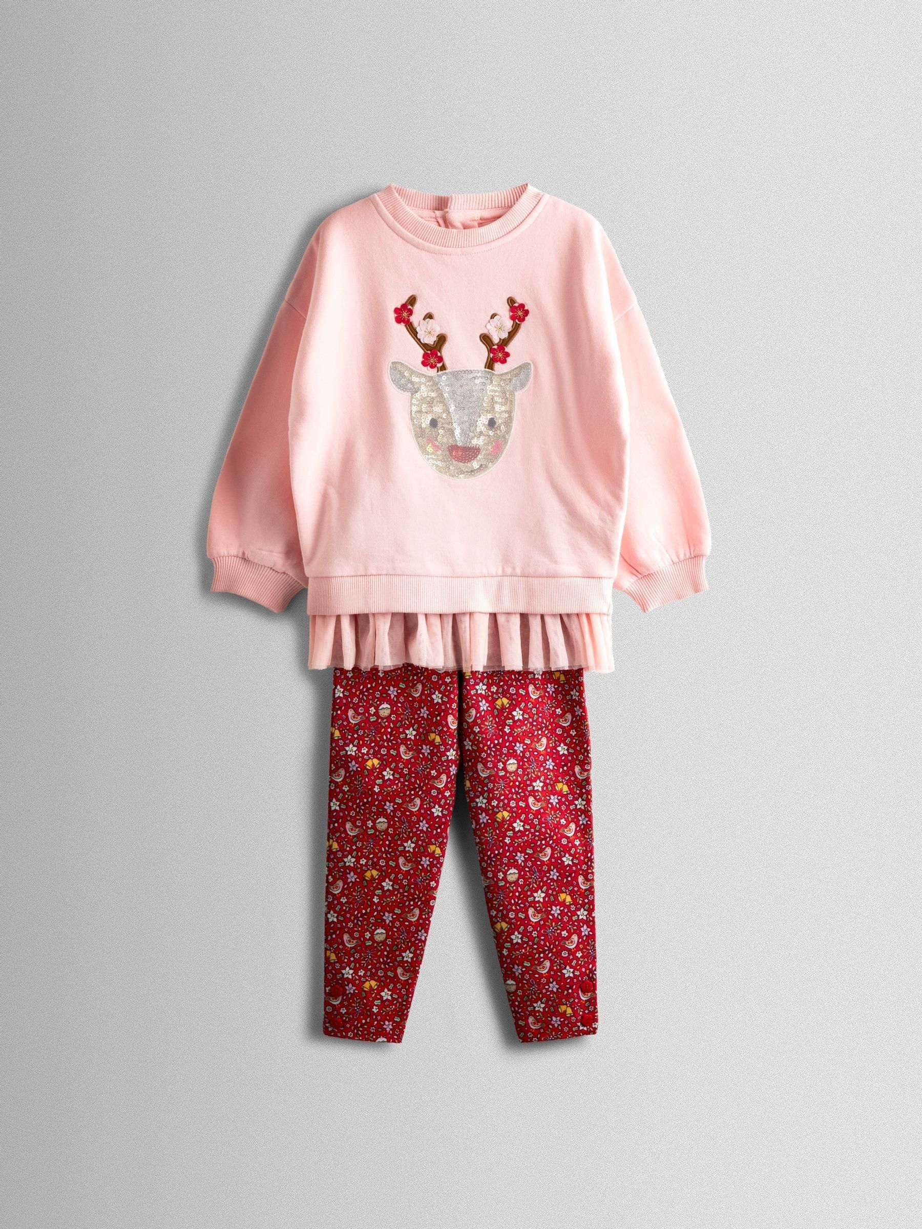 Pink Reindeer Sequin Sweatshirt & Leggings Set (H16261) | £30 - £36