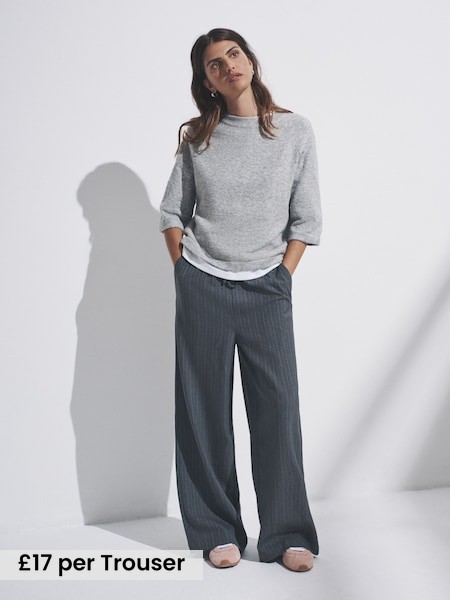 Black/Dark Grey - 2 Pack Pinstripe Wide Leg Pull On Trousers (H16459) | £34
