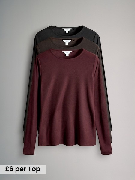 Burgundy/Black/Brown - 3 Pack Sheer Long Sleeve T-Shirts (H16477) | £18