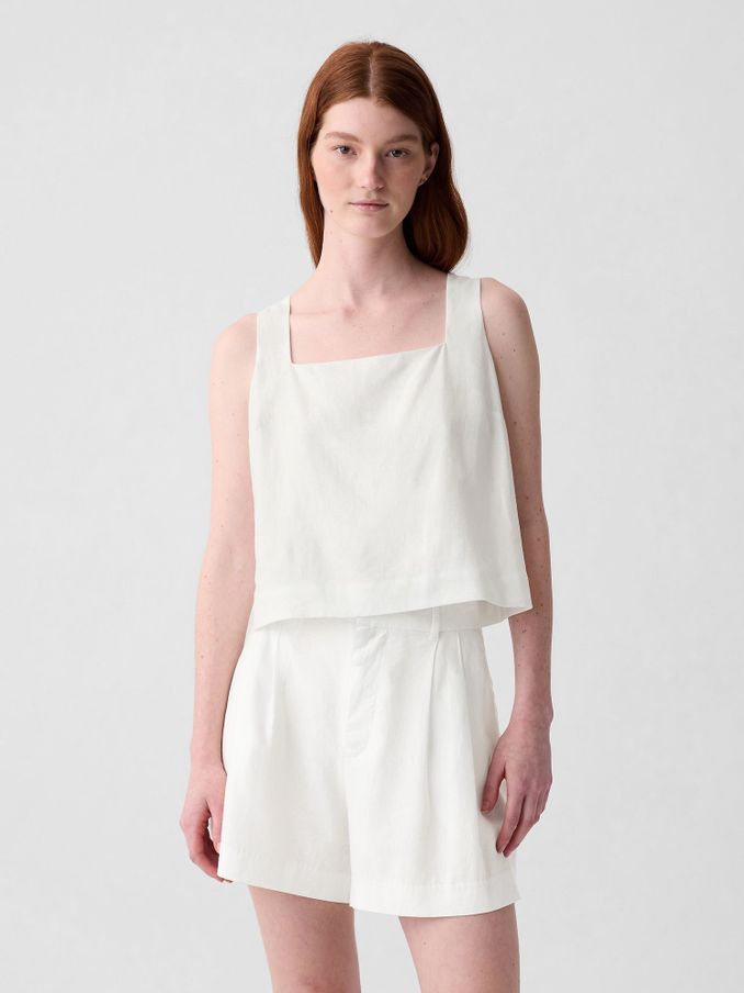 White Linen Blend Button Back Cropped Vest Top (H16631) | £9