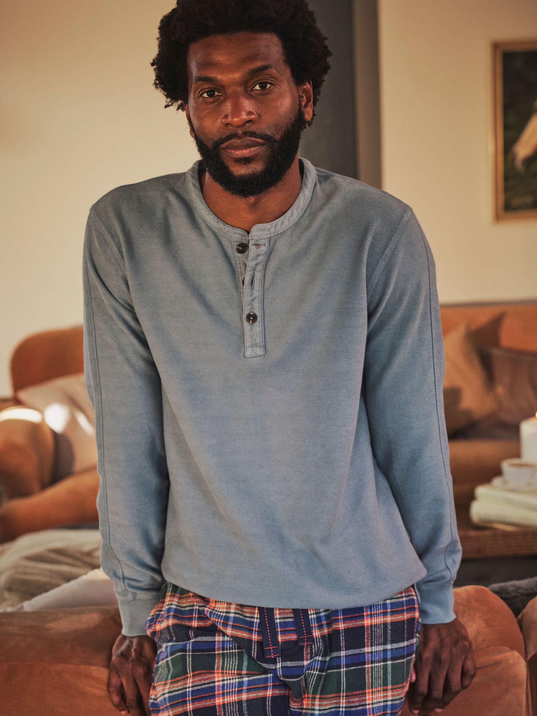 Light Vintage Blue Herringbone Henley (H17052) | £39.50