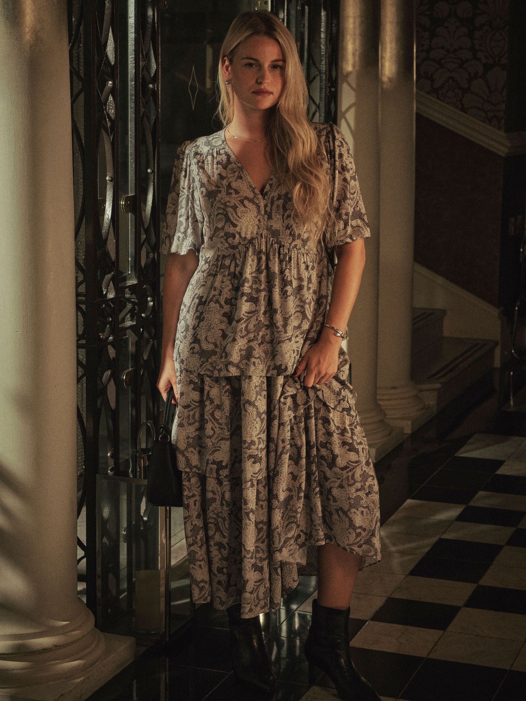 Milly Charcoal Grey Decorative Floral Regular Midi Dress (H17076) | £79