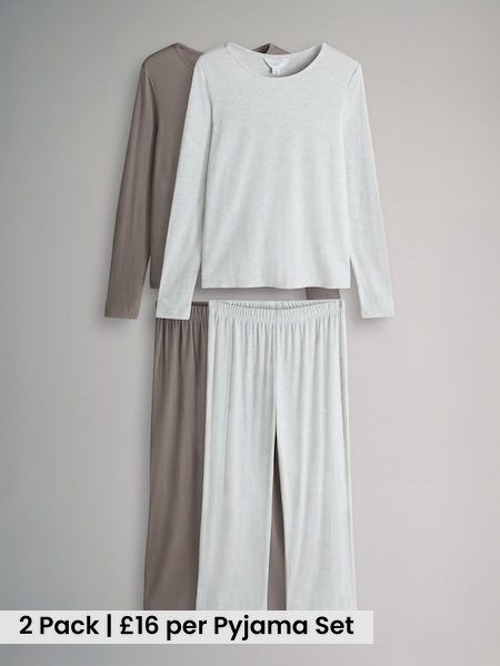Mink/Grey 2 Pack Soft Touch Ribbed Long Sleeve Leg Pyjamas (H17290) | £32