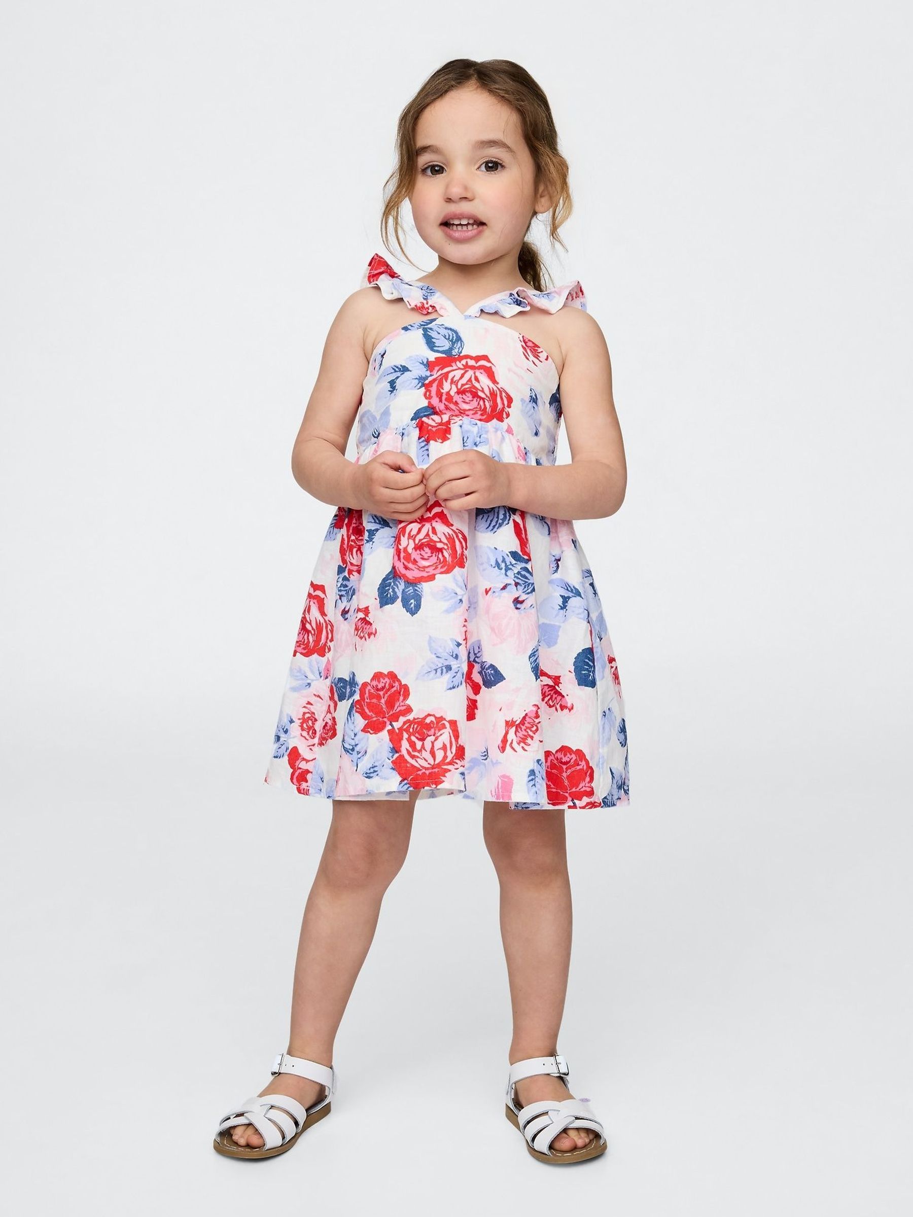 White/Red Floral Linen-Cotton Flutter V-Neck Dress (6mths-5yrs) (H17359) | £30