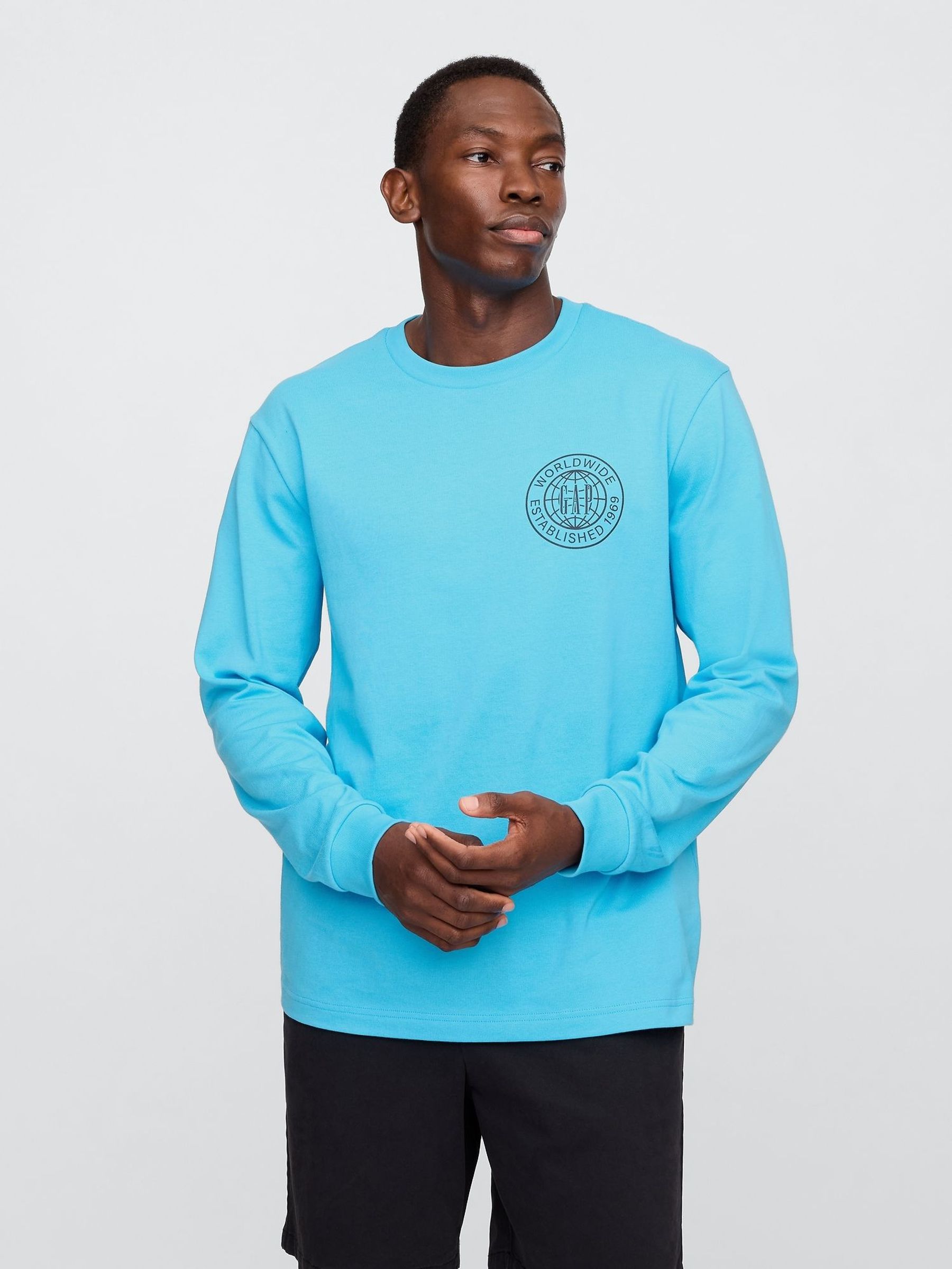 Blue Long Sleeve 100% Cotton World Logo T-Shirt (H17745) | £35