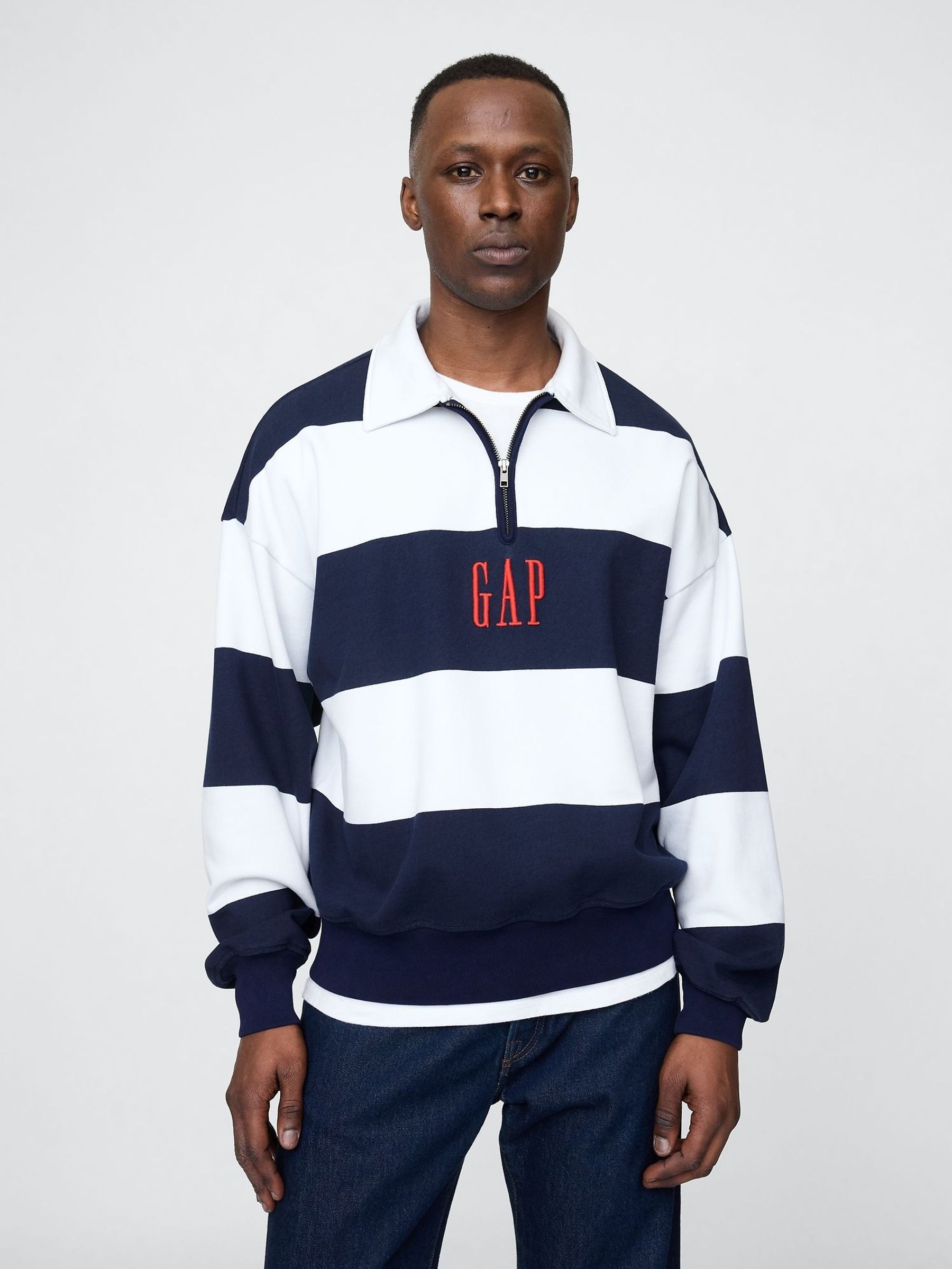 Blue/White Stripe Heavyweight Striped Logo Quarter Zip Collar Sweatshirt (H17759) | £90