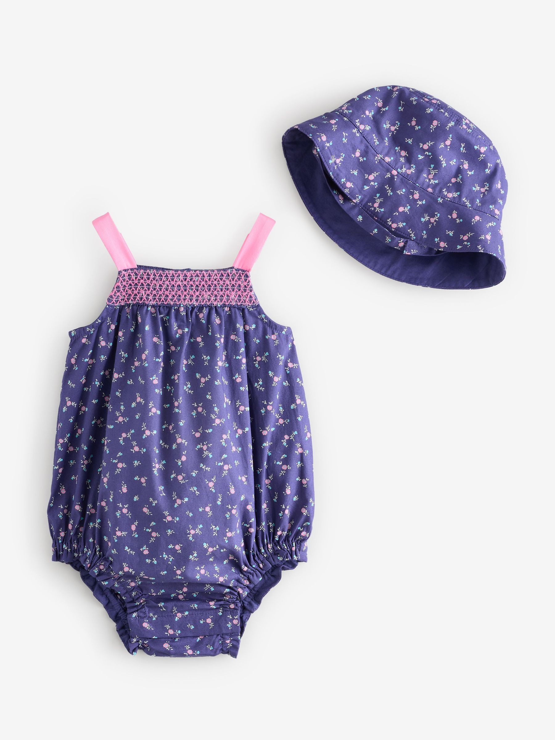 Navy/Blue Baby Square Neck Floral Bodysuit & Hat Set (Newborn-24mths) (H17872) | £35
