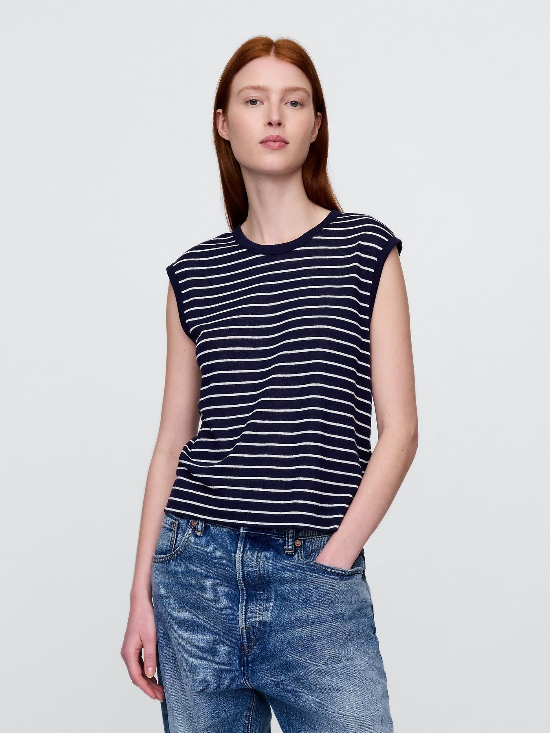 Navy Blue Linen-Blend Crew Neck Shell Vest (H18053) | £20
