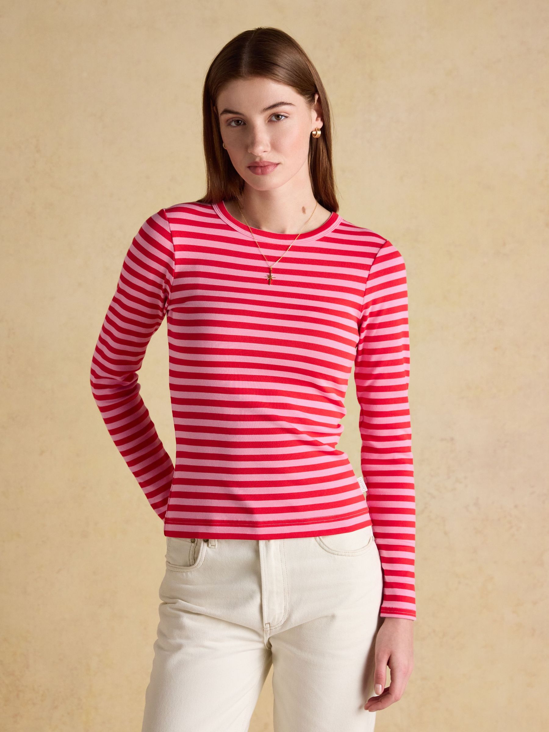 Sophie Red Pink Stripe Long Sleeve Ribbed Fitted Top (H18079) | £29