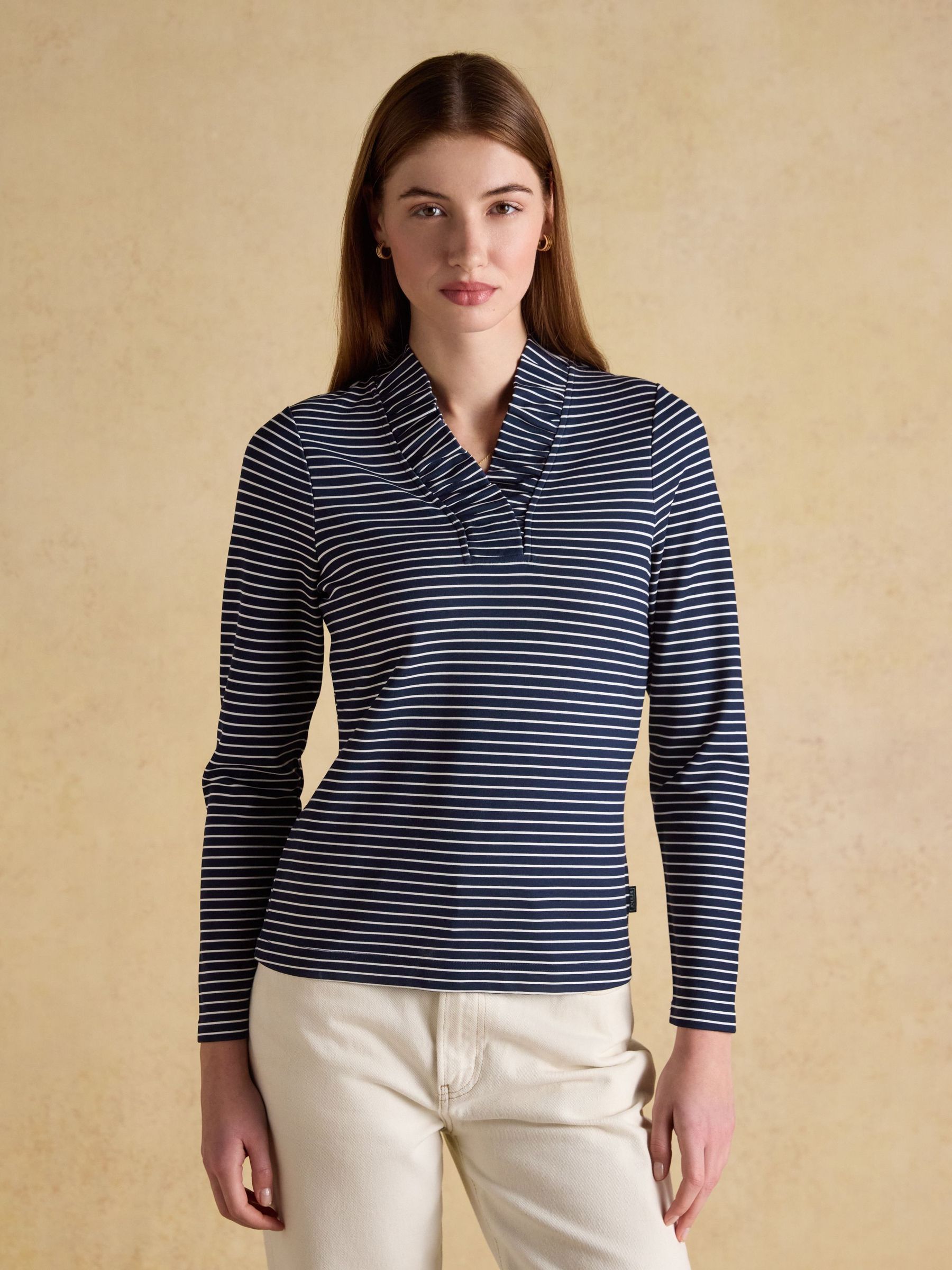 Heidi Printed Navy Striped Frill Neck Jersey Top