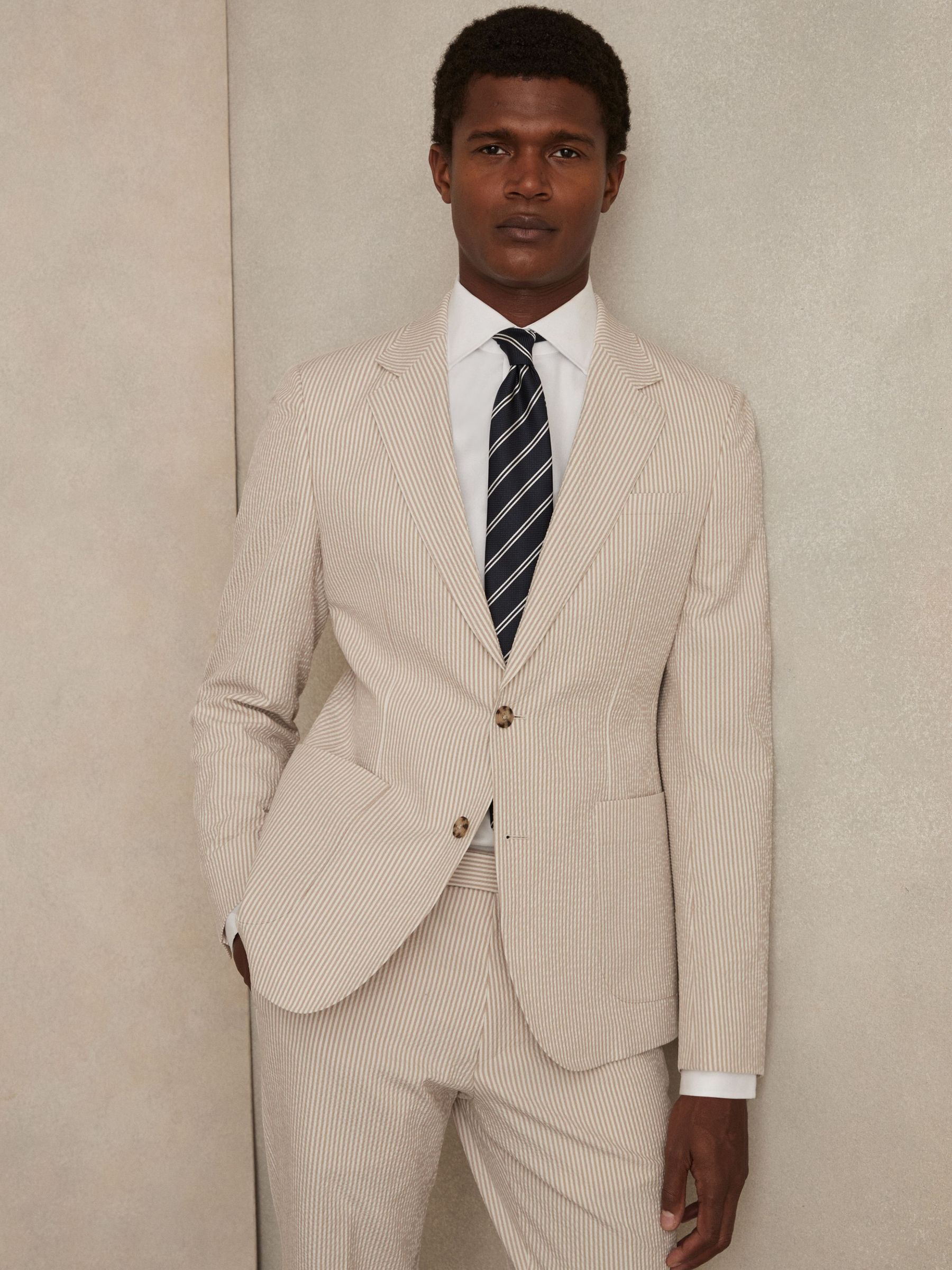 Seersucker Single-Breasted Suit Blazer Slim-Fit in Oatmeal/White (H19190) | £298
