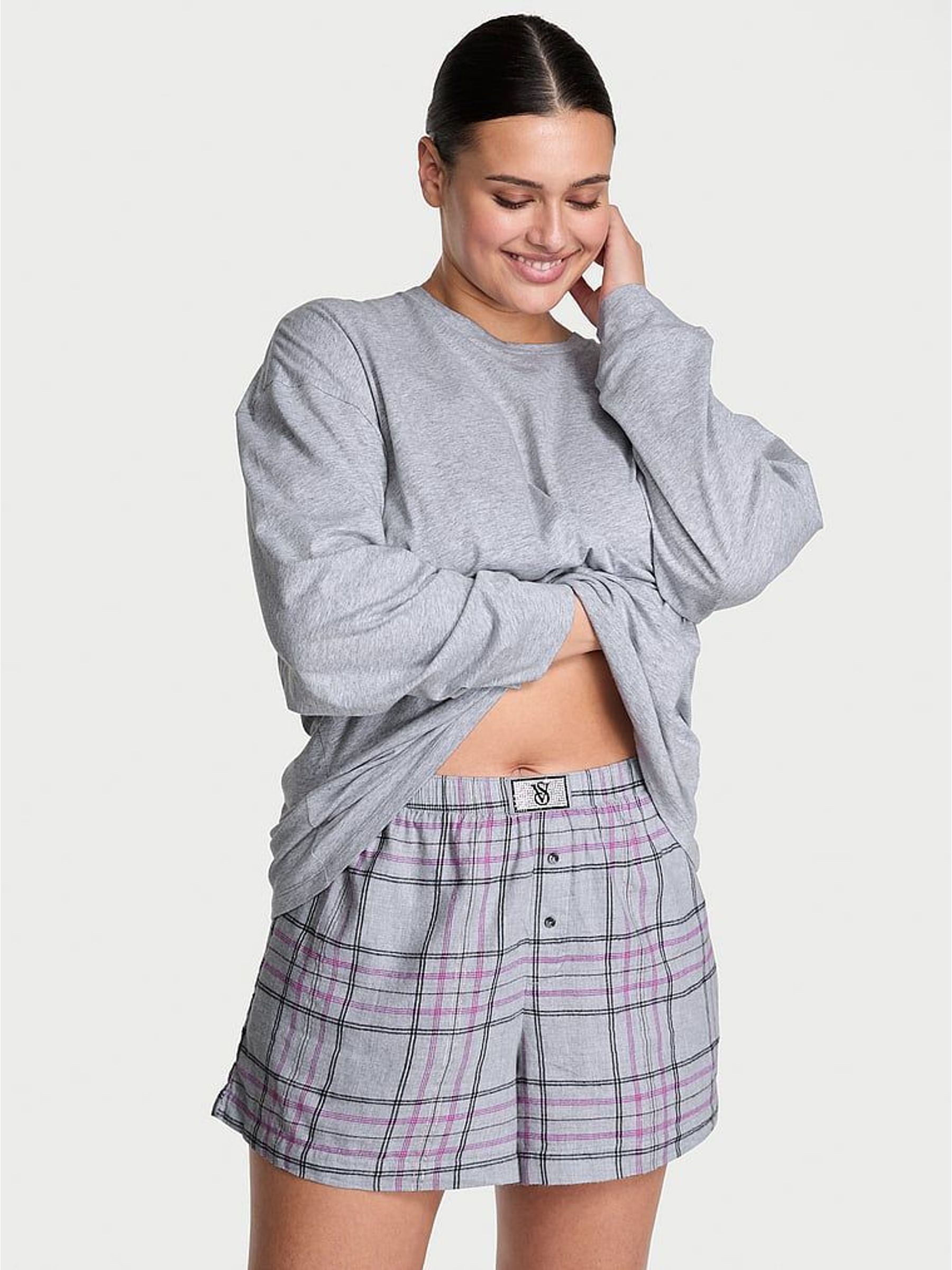 Heather Medium Grey Tartan Flannel Long Sleeve Short Pyjamas Set (H19342) | £45