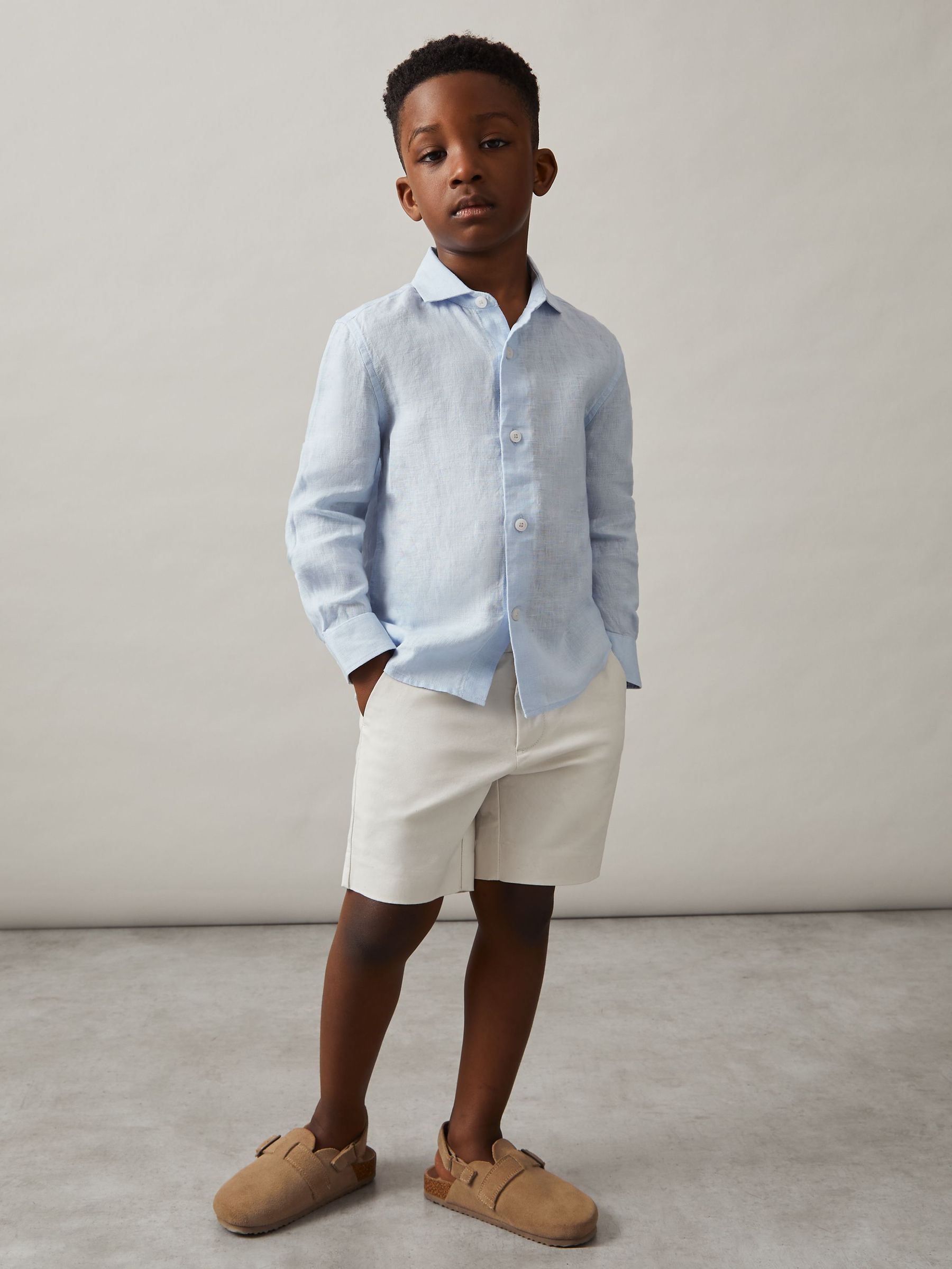 3-9 yrs Linen Long-Sleeve Shirt in Pale Blue (H19622) | £38