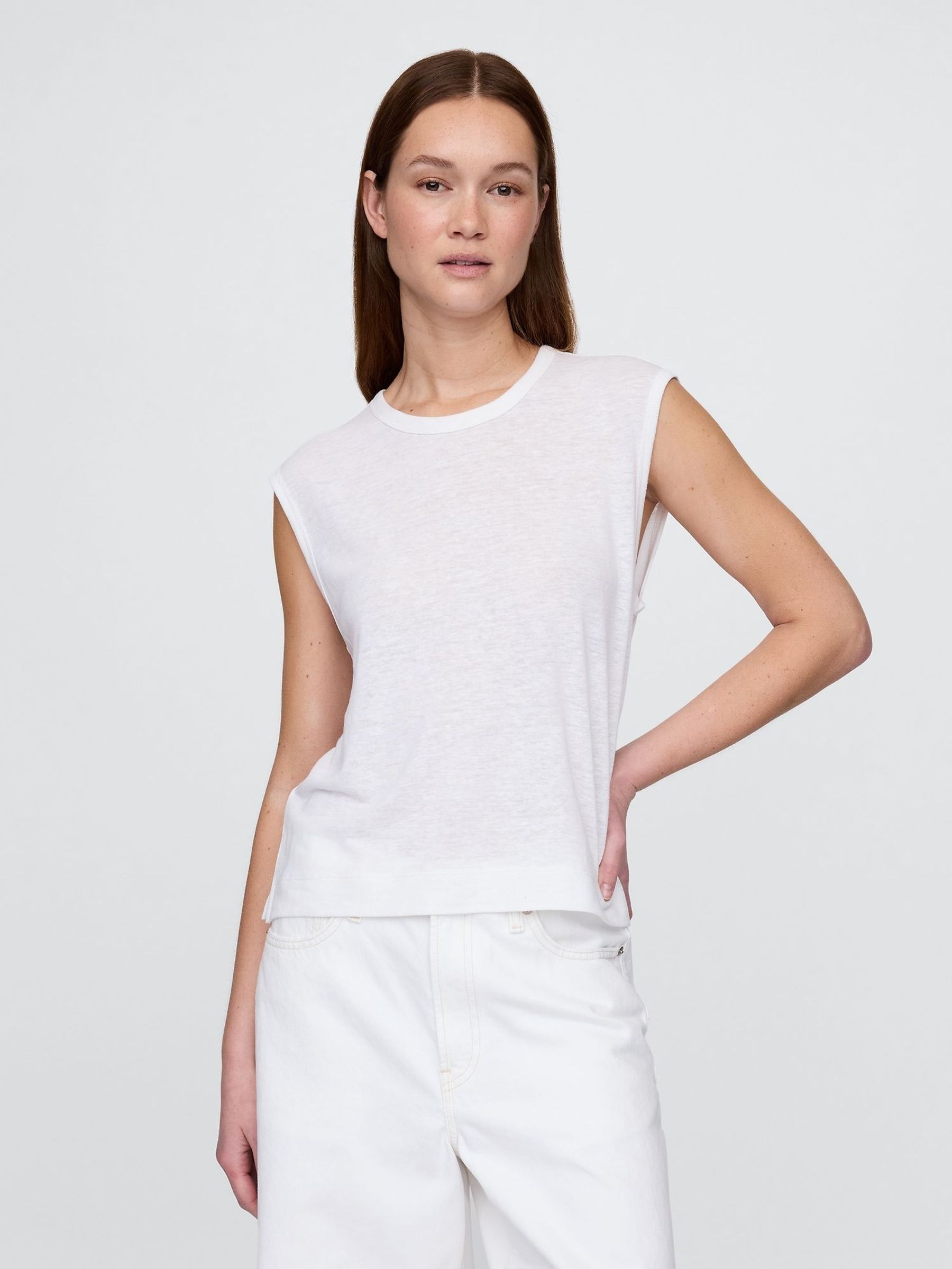 White Linen-Blend Crew Neck Shell T-Shirt (H20084) | £20