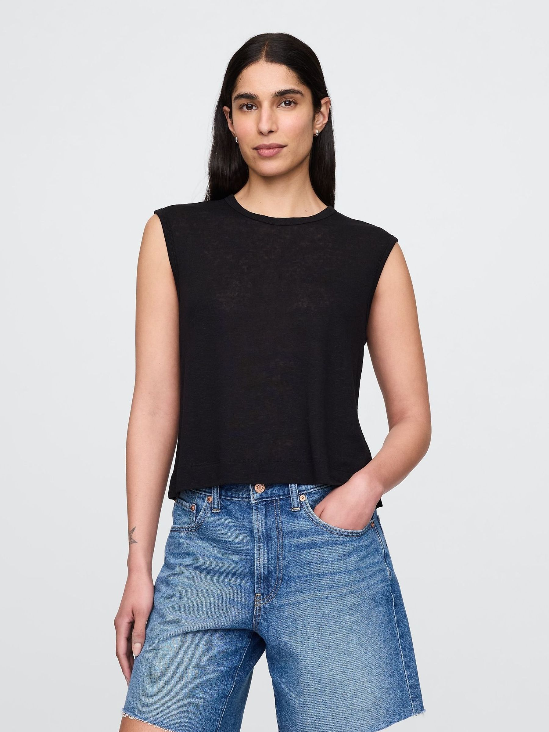 Black Linen-Blend Crew Neck Shell T-Shirt (H20086) | £20
