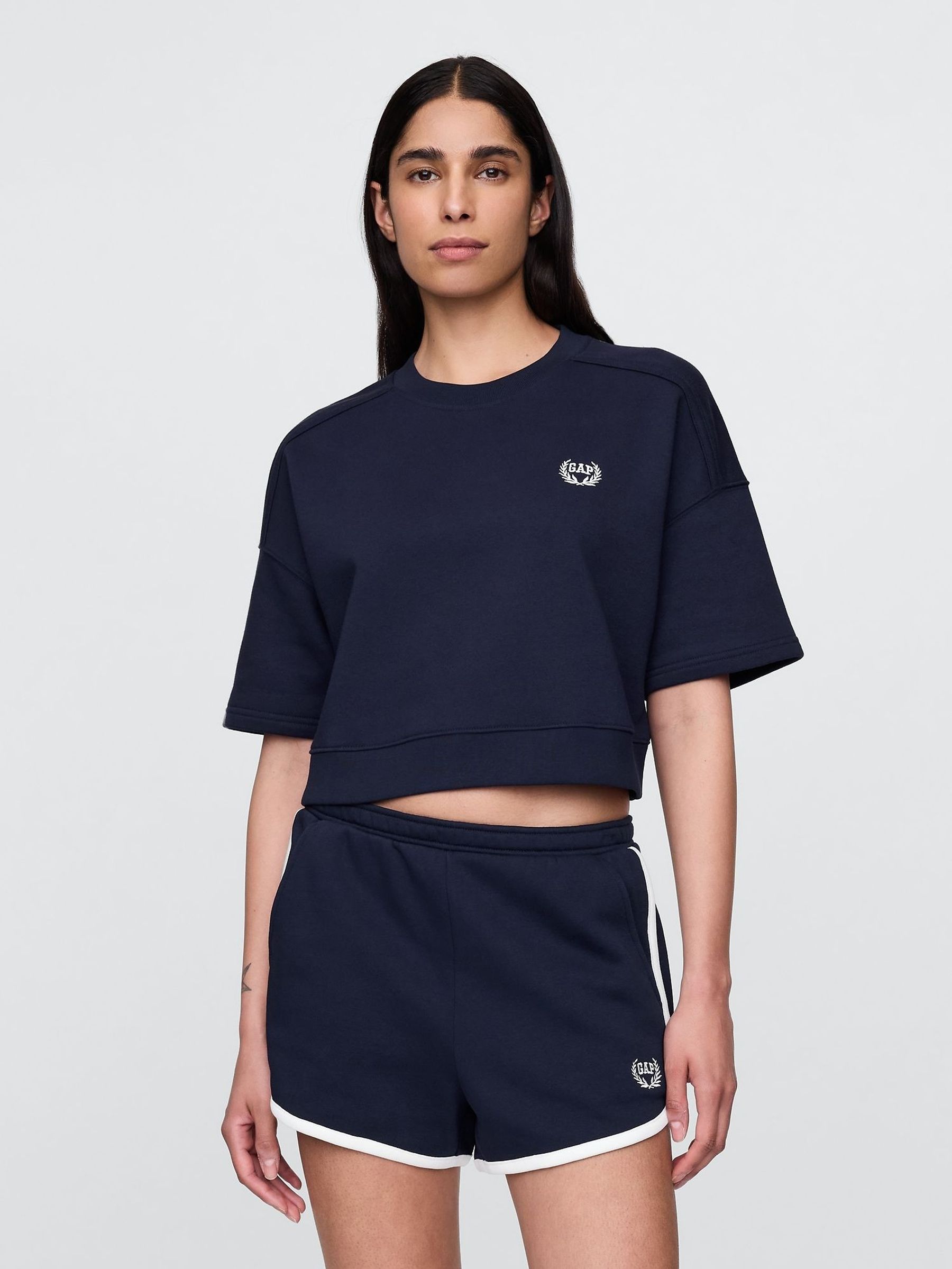 Navy/Blue VintageSoft Cropped Elbow-Sleeve Sweatshirt (H20093) | £30