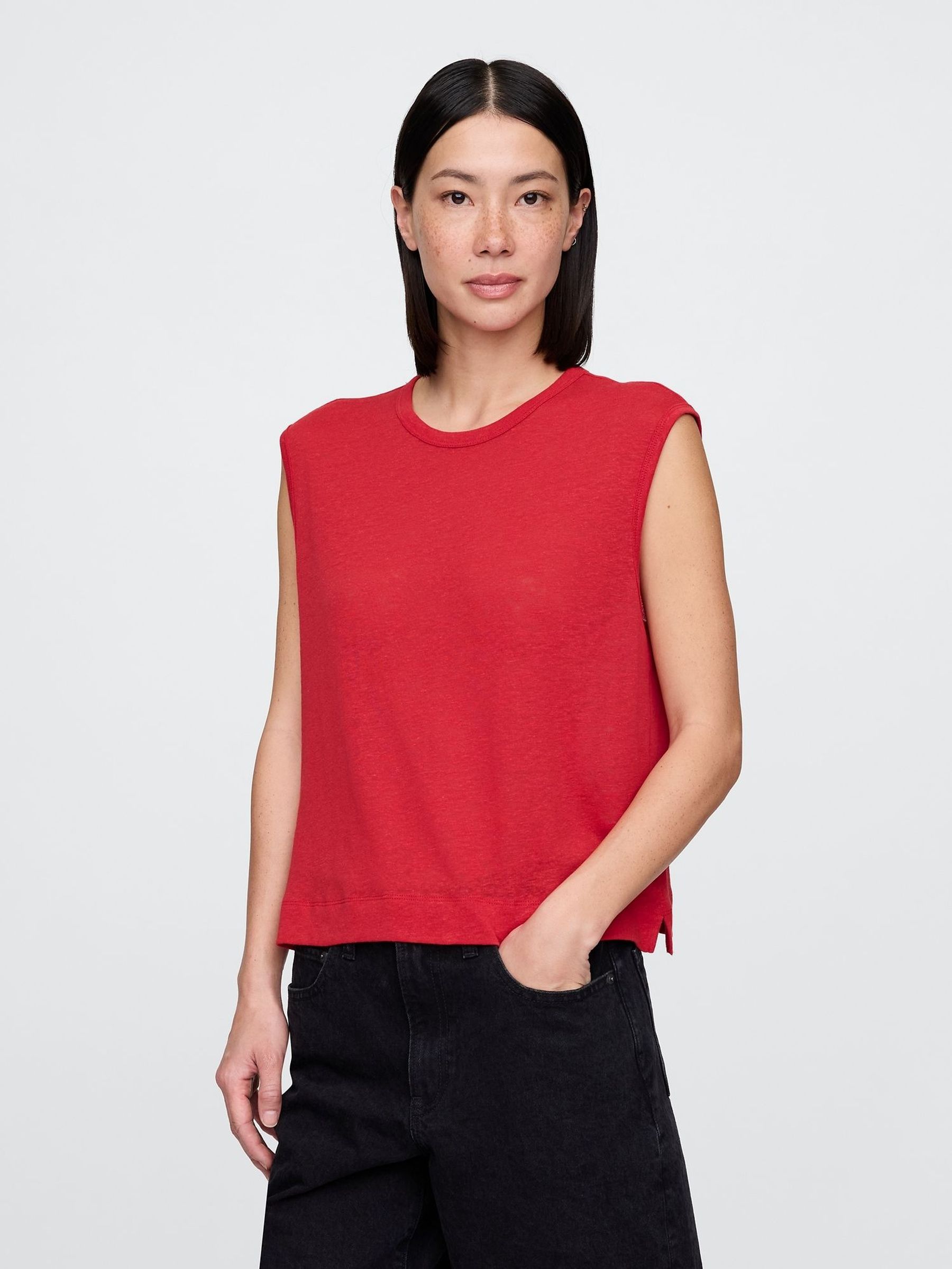 Red Linen-Blend Crew Neck Shell T-Shirt (H20094) | £20