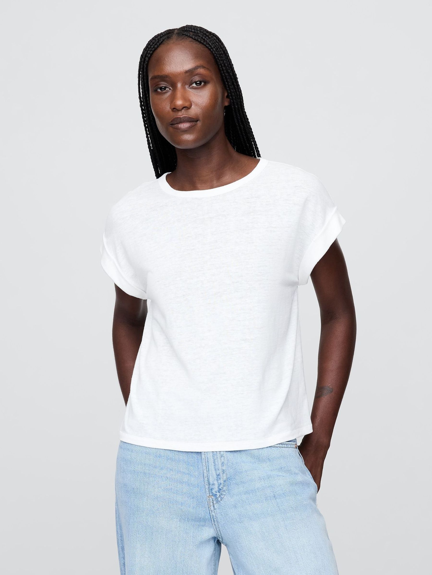 White Linen-Blend Roll-Cuff T-Shirt (H20098) | £20