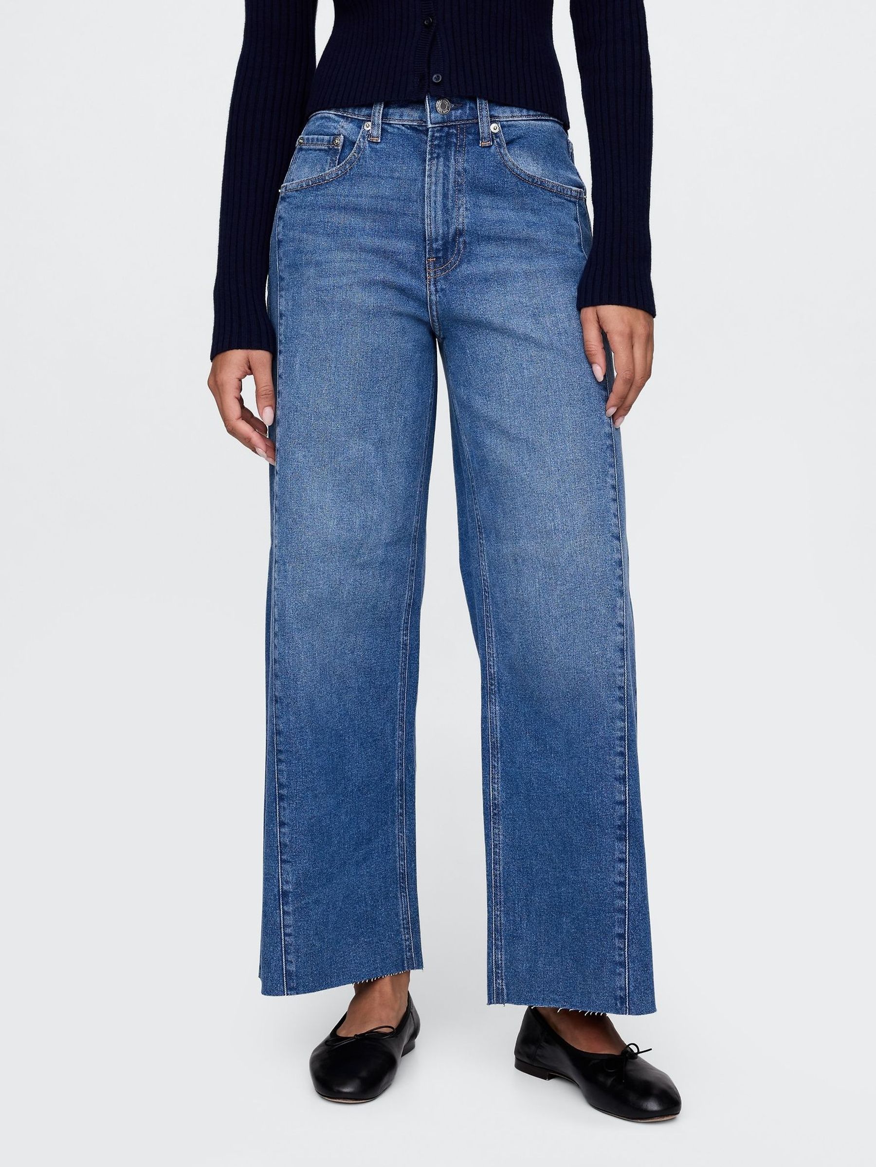 Navy Blue High Waisted Stride Wide-Leg Ankle Jeans (H20395) | £55