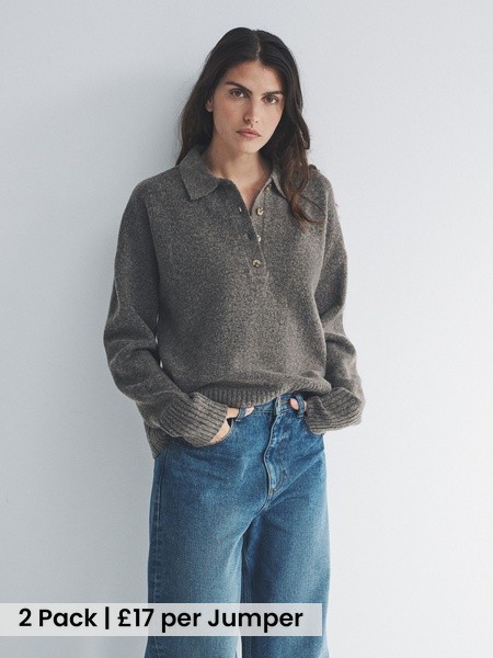 Brown Marl/Oatmeal 2 Pack Knitted Collar Jumpers With Wool (H20636) | £34