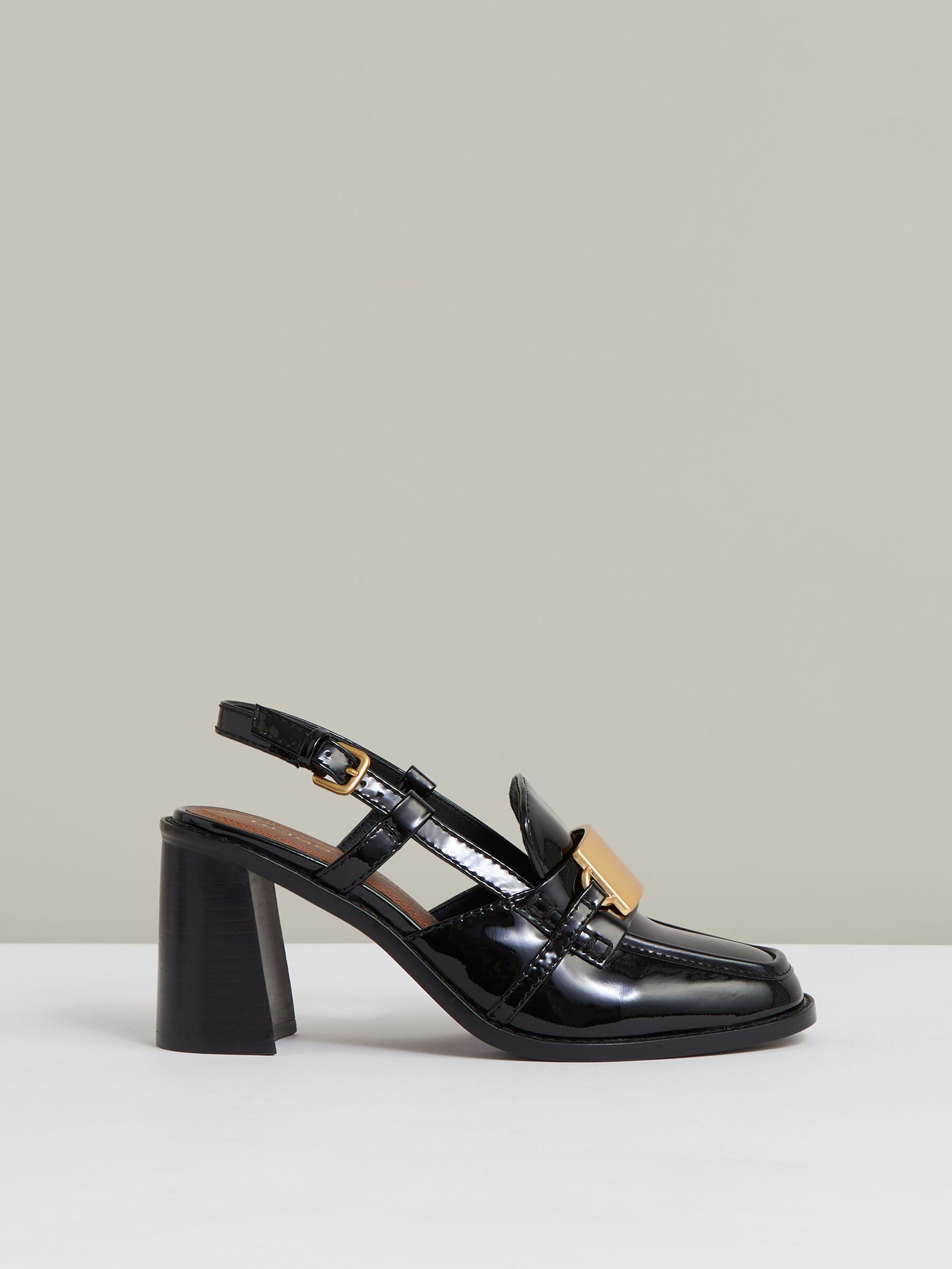 Patent Leather Slingback Heeled Loafers in Black (H21023) | £190