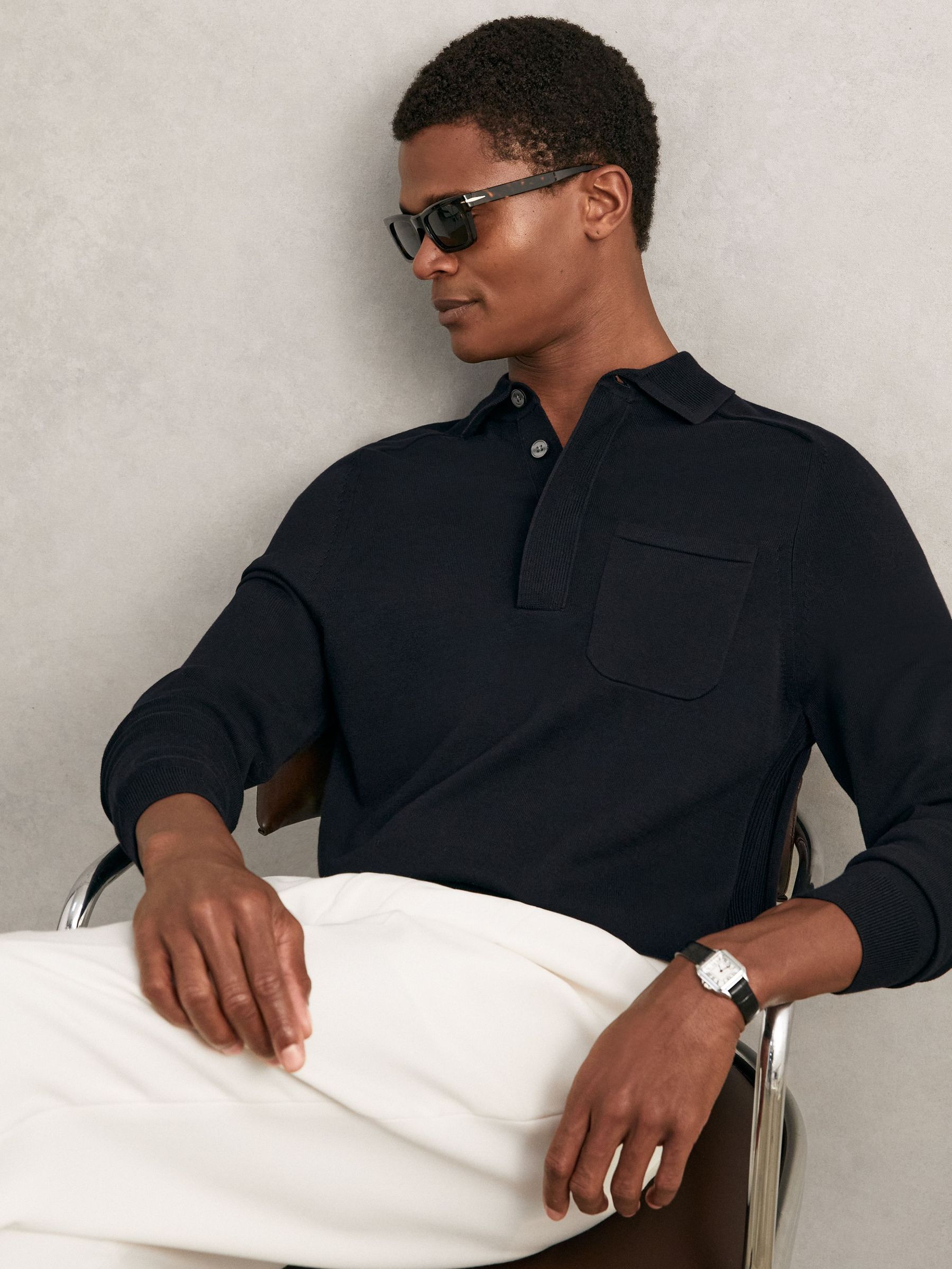 Cotton Concealed-Placket Polo Shirt in Navy (H22278) | £78