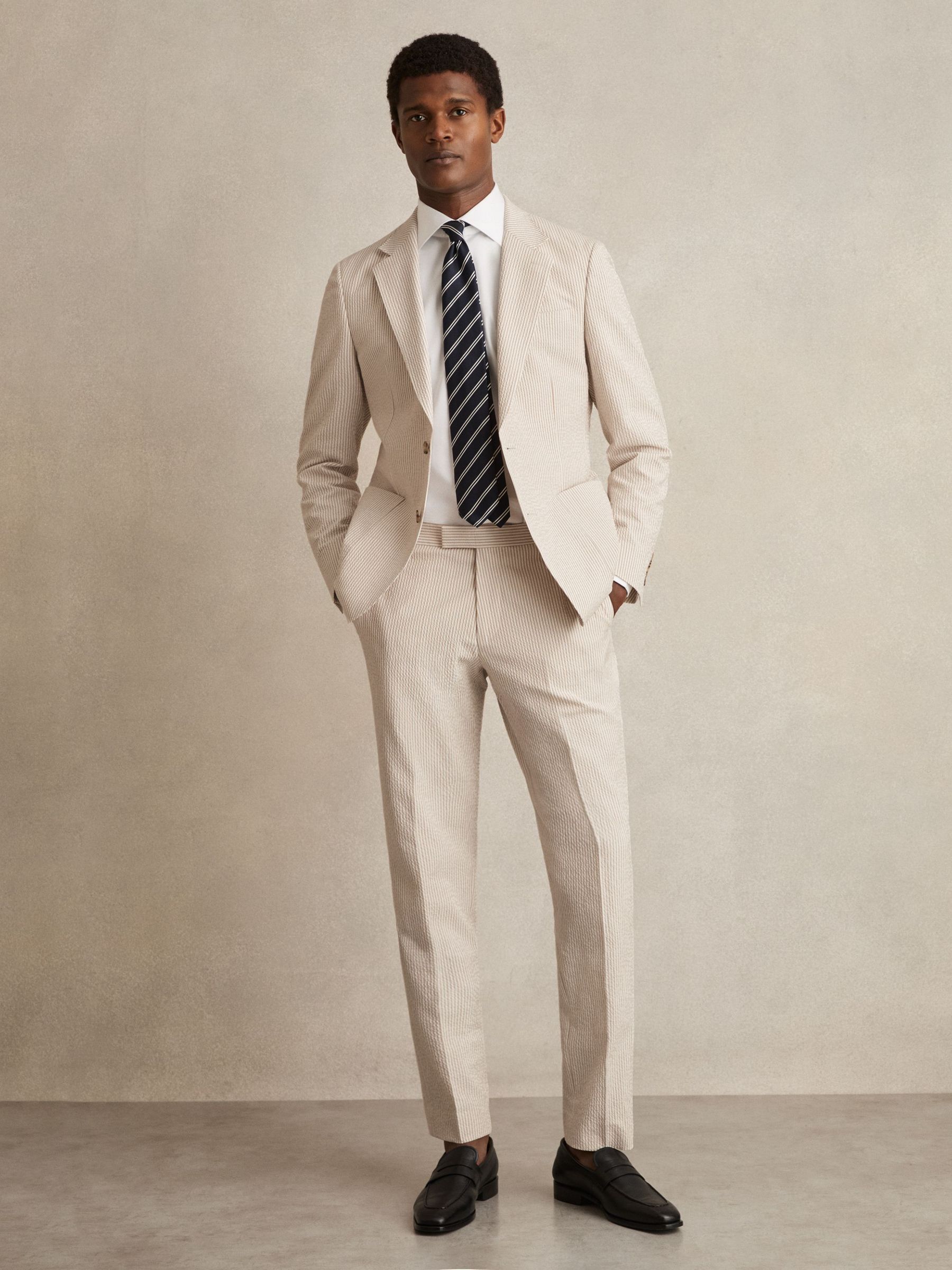 Seersucker Slim-Fit Suit Trousers in Oatmeal/White (H22286) | £158
