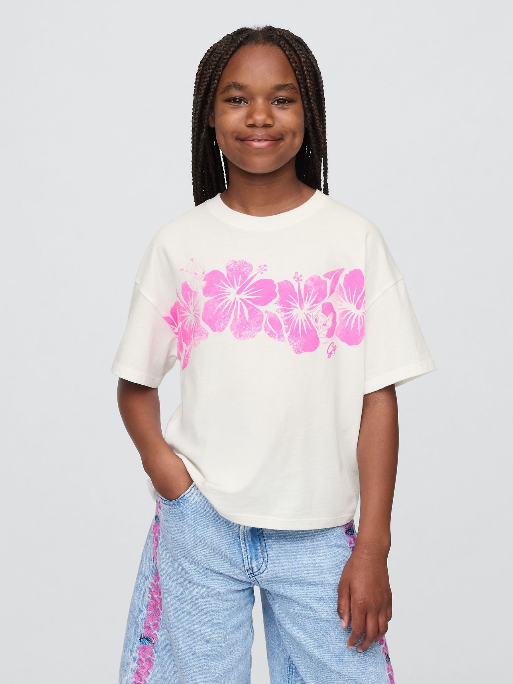 White/Pink Floral Lilo and Stitch Graphic Short Sleeve T-Shirt (4-13yrs) (H22595) | £14