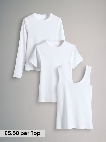 White - 3 Pack Ribbed Vest / Long Sleeve / Short Sleeve T-shirt Essentials (H23386) | £16.50