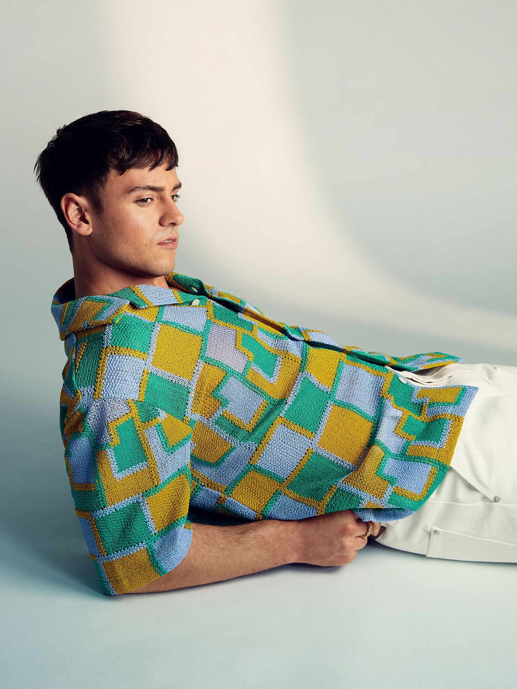 Reiss | Tom Daley Tile Crochet Shirt in Yellow/Green/Blue Multi (H23629) | £168