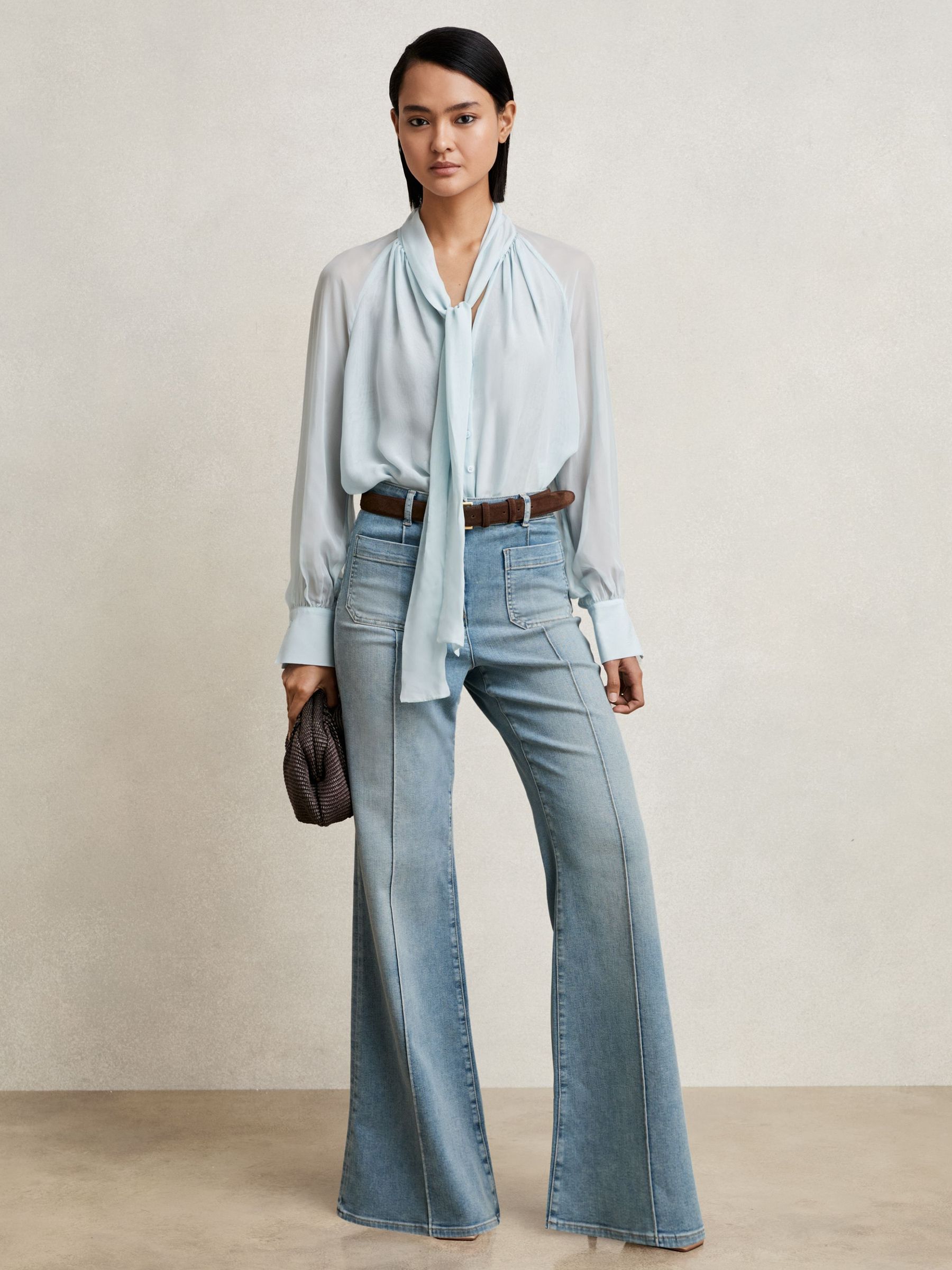 Silk Blend Chiffon Tie-Neck Blouse in Pale Blue (H25073) | £190