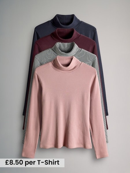 4 Pack Ribbed Roll Neck Long Sleeve T-Shirts (H25249) | £34