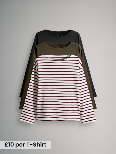 Black/Stripe/Khaki - 3 Pack Boat Neck Heavyweight T-Shirts (H25251) | £30