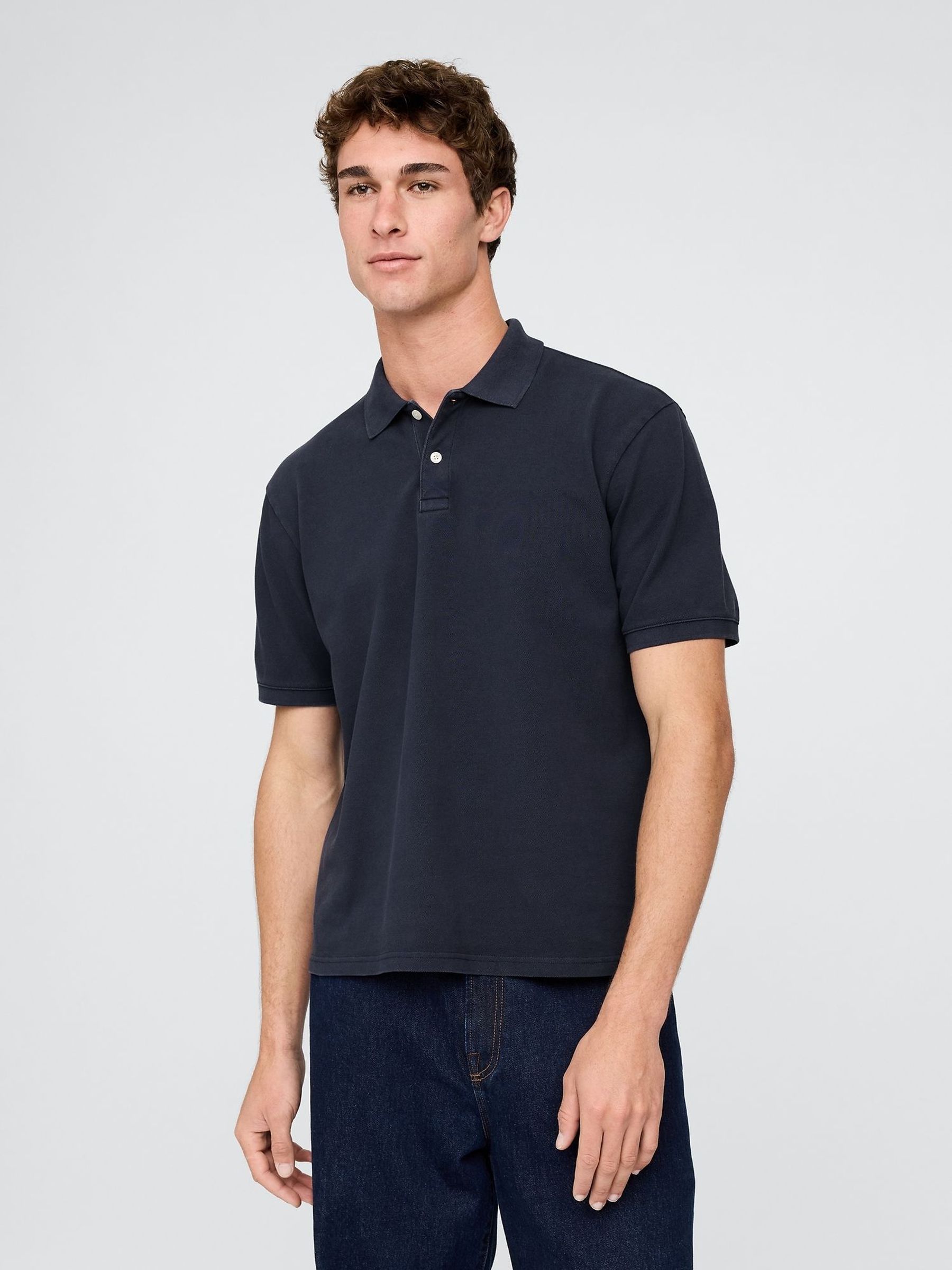 Navy/Blue Cotton Pique Short Sleeve Polo Shirt (H25506) | £35