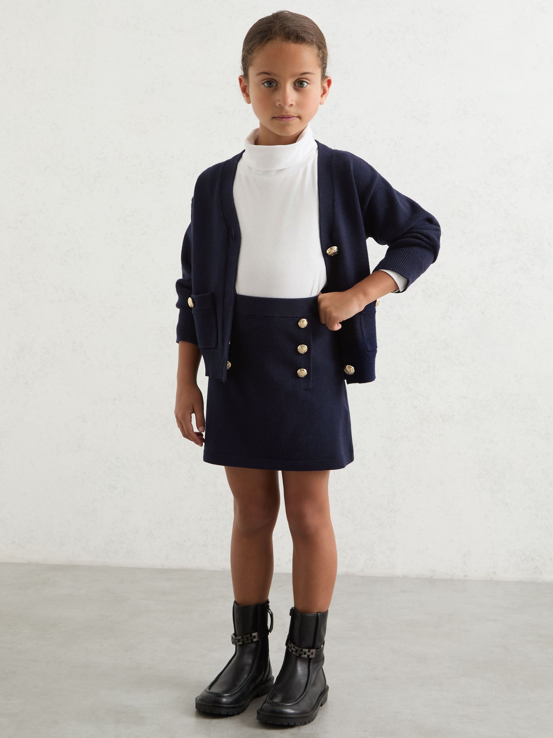9-13 yrs Knitted Button-Detail A-Line Skirt in Navy (H27701) | £45