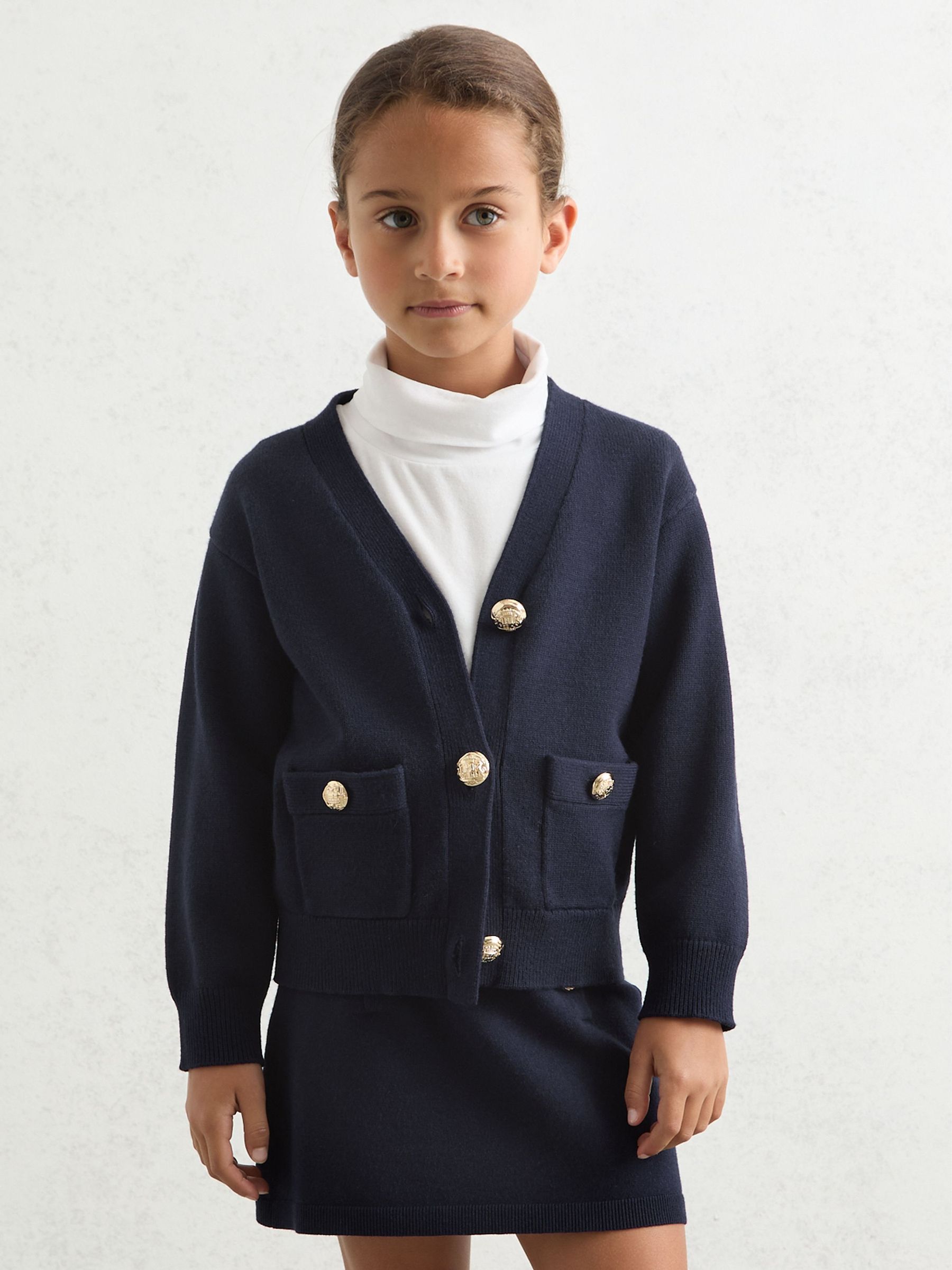 9-13 yrs Knitted Embossed-Button Cardigan in Navy (H27704) | £52
