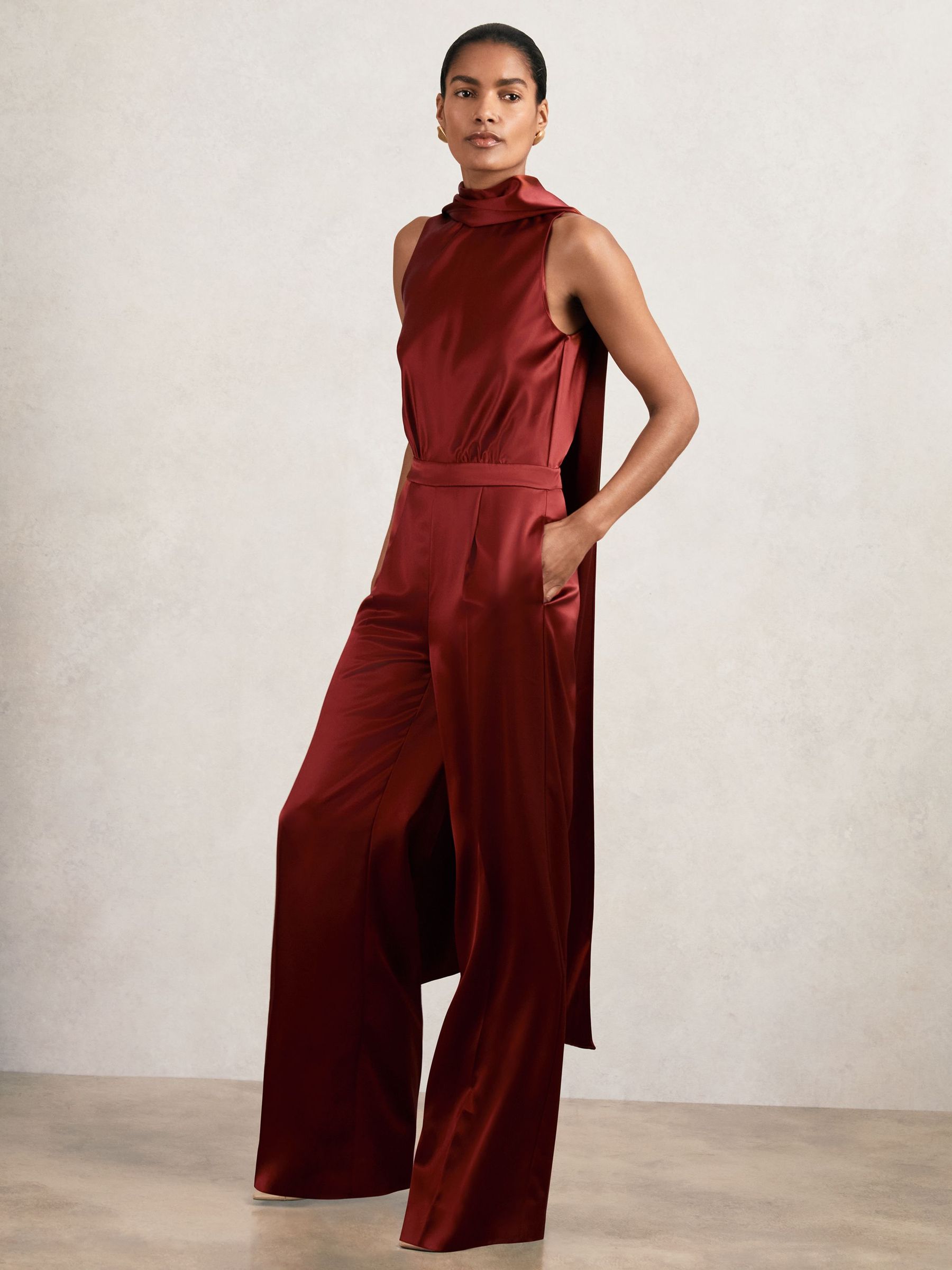 Satin Cape-Sash Jumpsuit in Dark Red (H27719) | £288