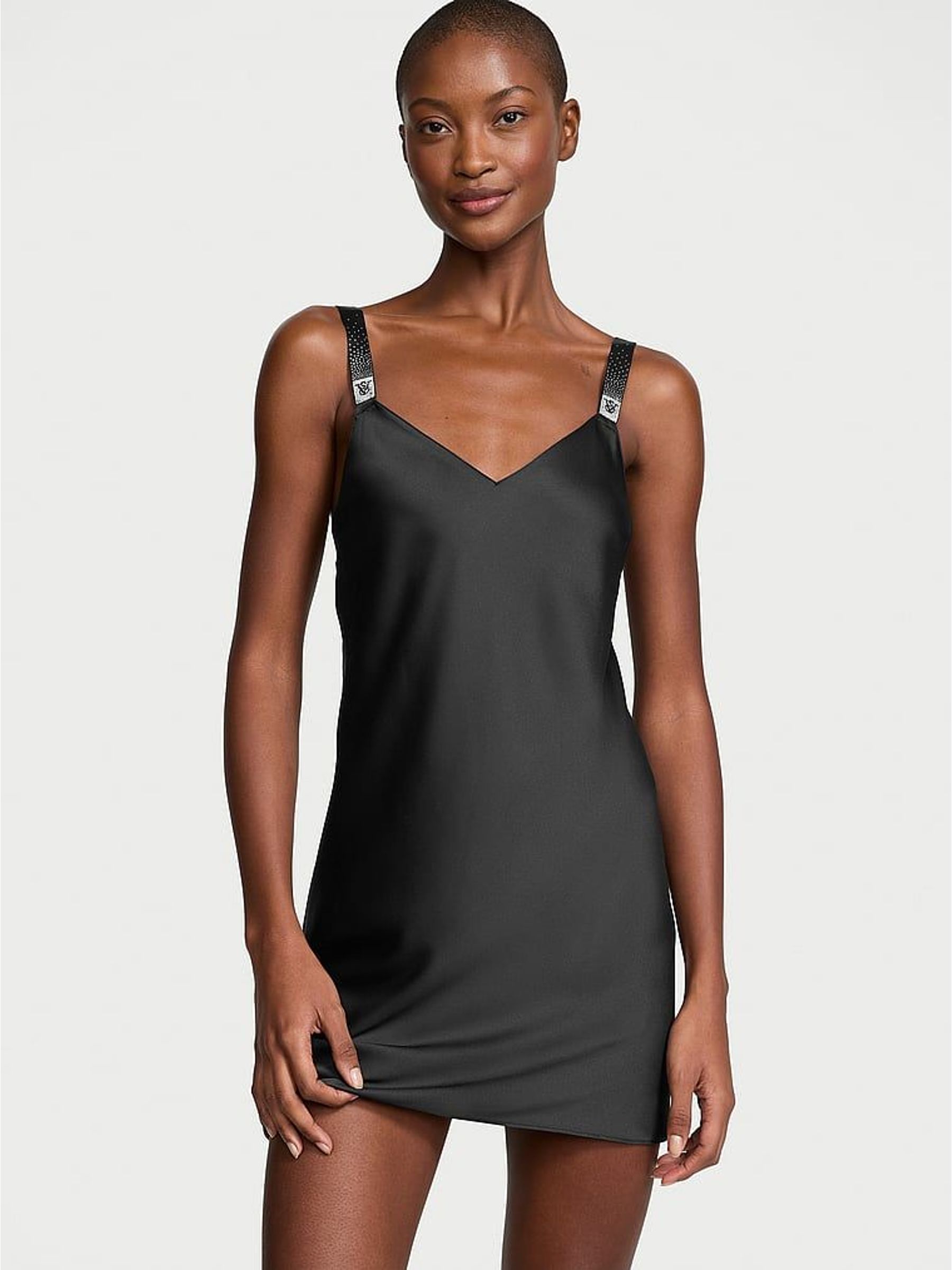 Black Scattered Shine Satin Strappy Back Slip (H28511) | £69