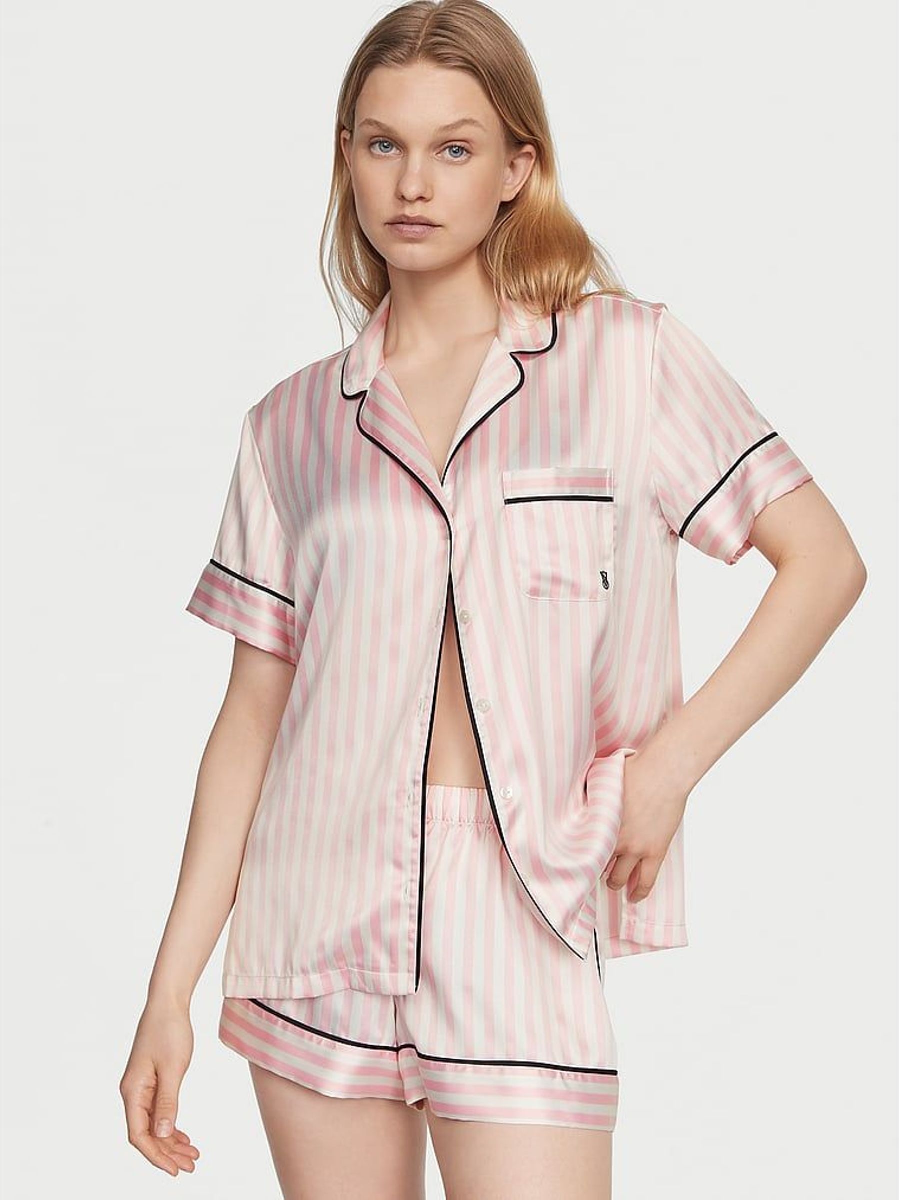 Pink Iconic Stripe Satin Short Pyjama Set (H28688) | £65